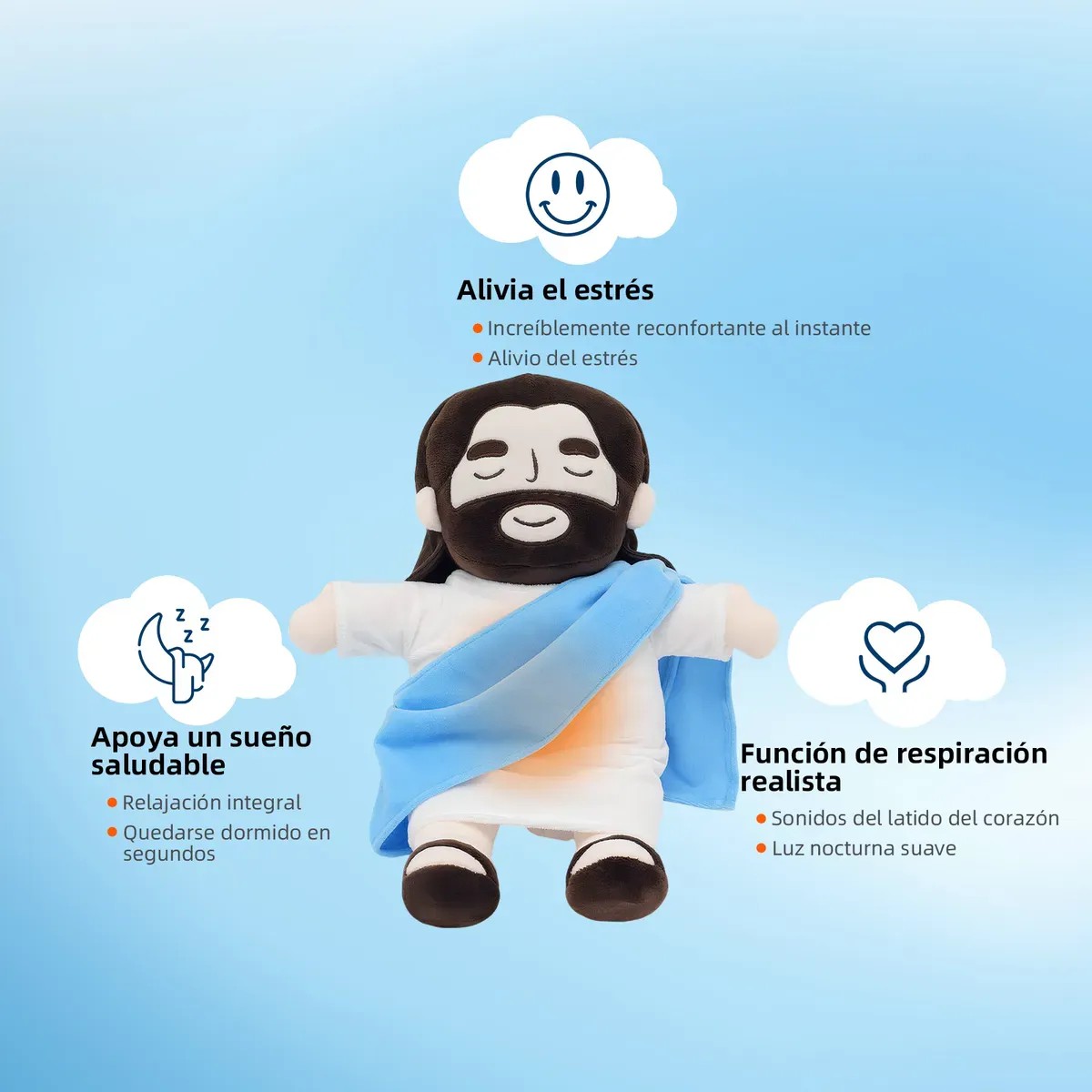 Peluche Jesus Jesucristo Animado Que Respira Luz Y Sonido Azul image number null
