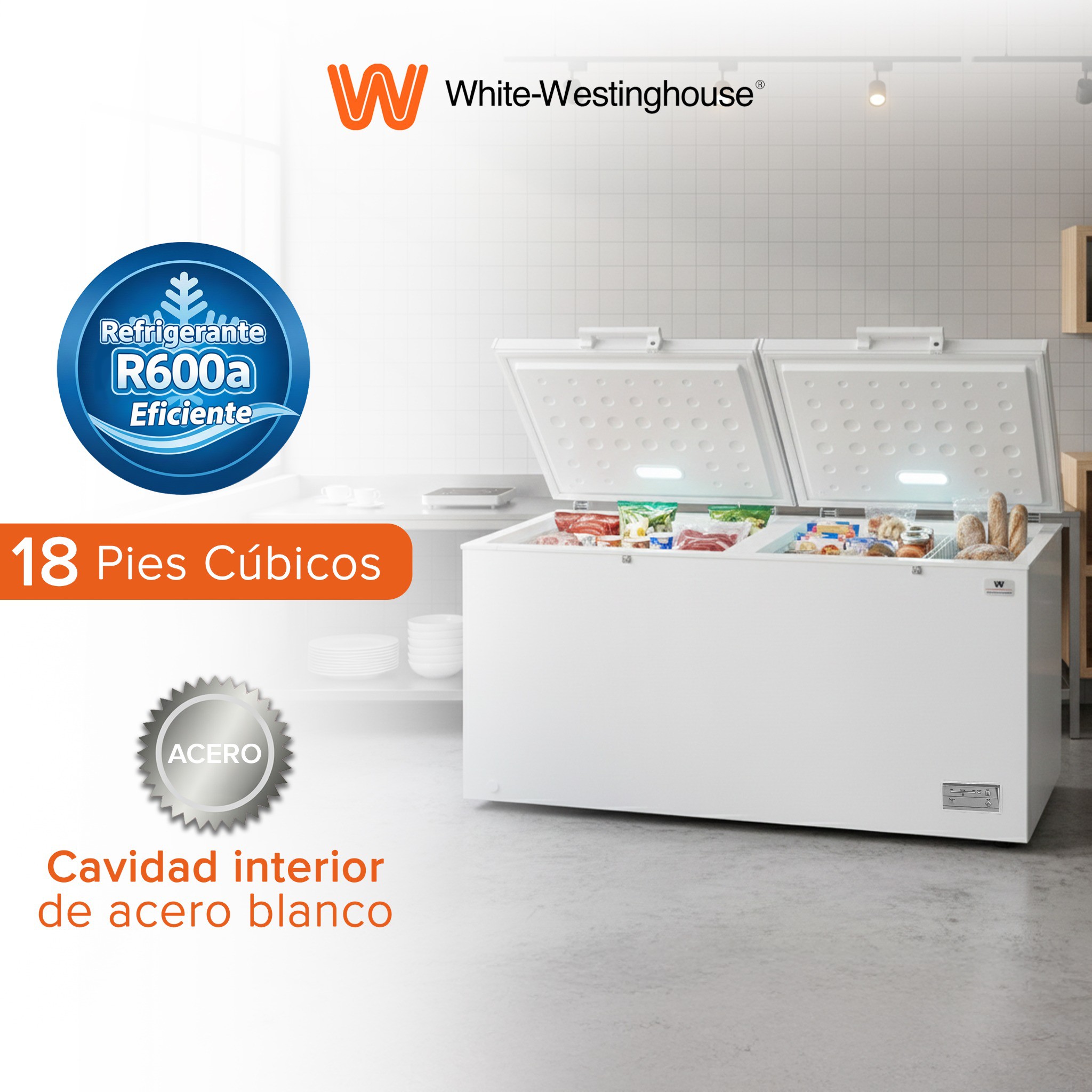 White Westinghouse Congelador 18 pies 508 L Acero blanco 2 puertas Cerradura con llave Luz interior Ruedas image number null