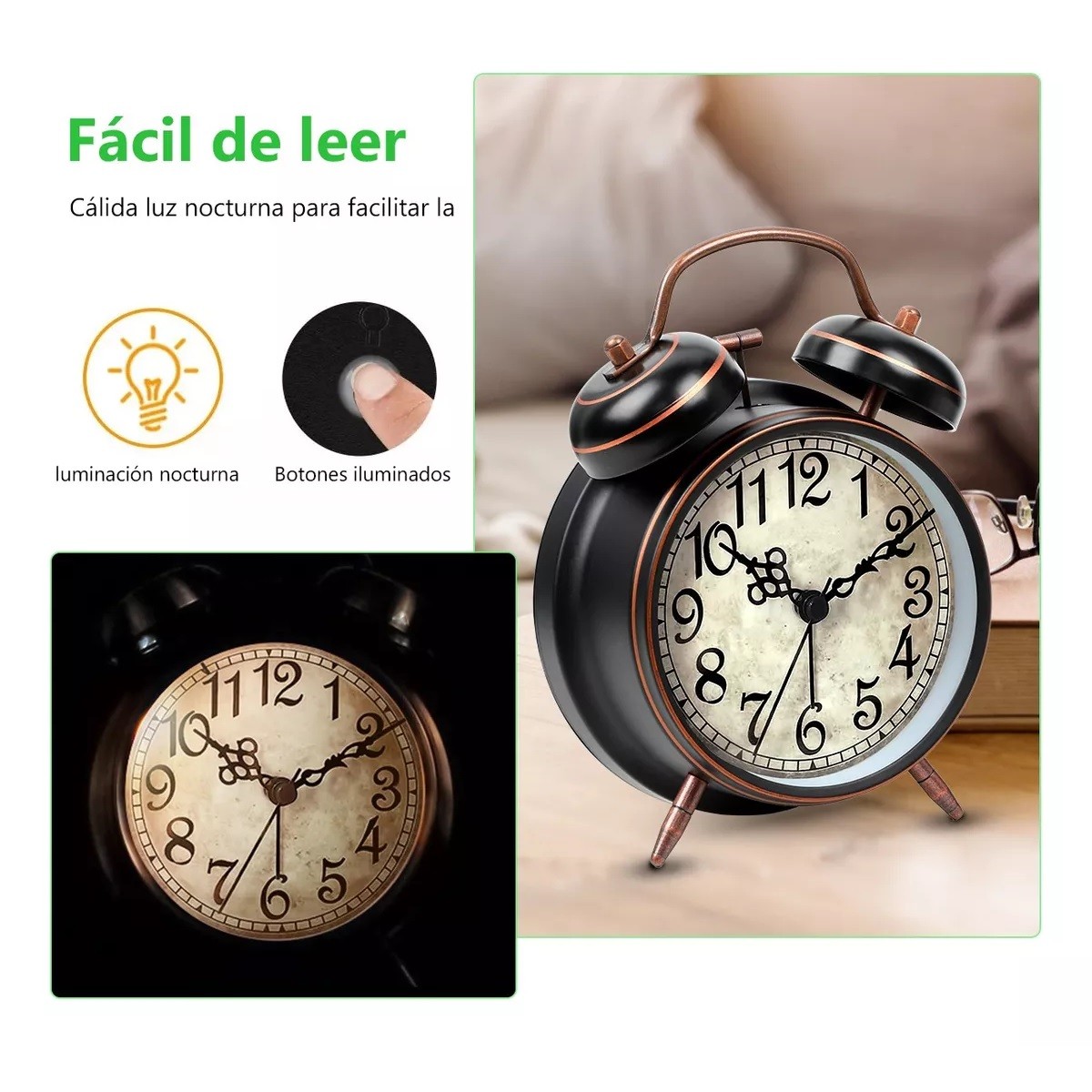 Reloj Despertador Campana Retro Anal&oacute;gico Estilo Vintage Negro image number null