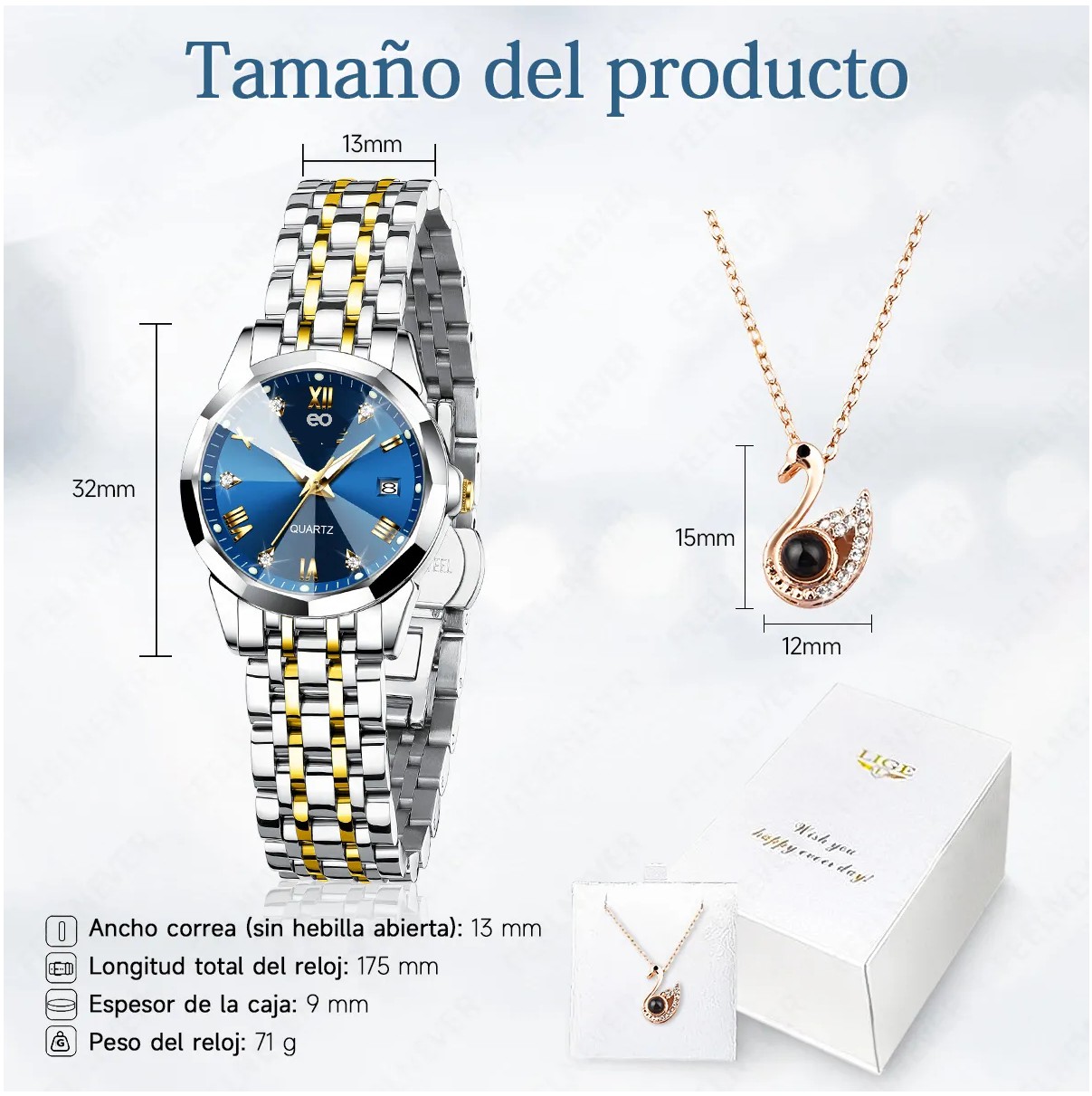 Reloj De Mujer Lige Con Collar Color Del Fondo:Gold/Blue image number null