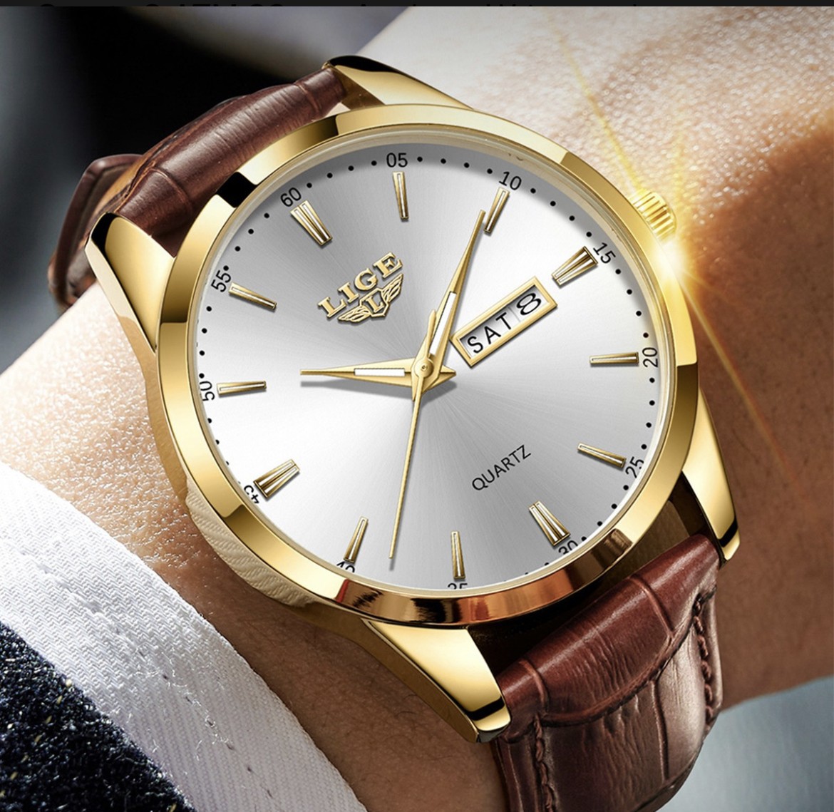 Reloj De Cuarzo Hombre Lige LG8970 Pulsera De Cuero Correa Marr&oacute;n Bisel Dorado Fondo Blanco Quartz 3 ATM 22mm Anchura Wristwatch image number null