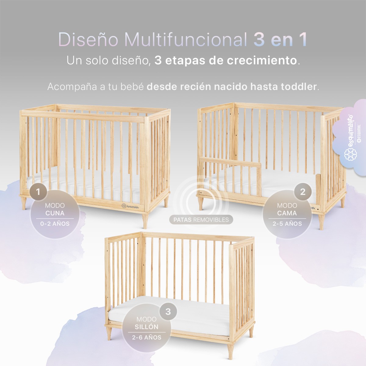 Cuna de Madera Convertible 3 en 1 - Cuna, Cama Montessori y Sill&oacute;n con Altura Ajustable y Barandal (Natural). ESQUIMAL image number null