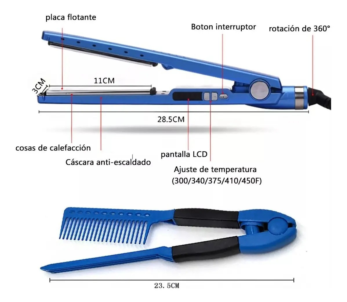 "Kit Plancha 450&deg; + Rizador + Peine Cabello Gama Titanio Pro Color Azul " image number null