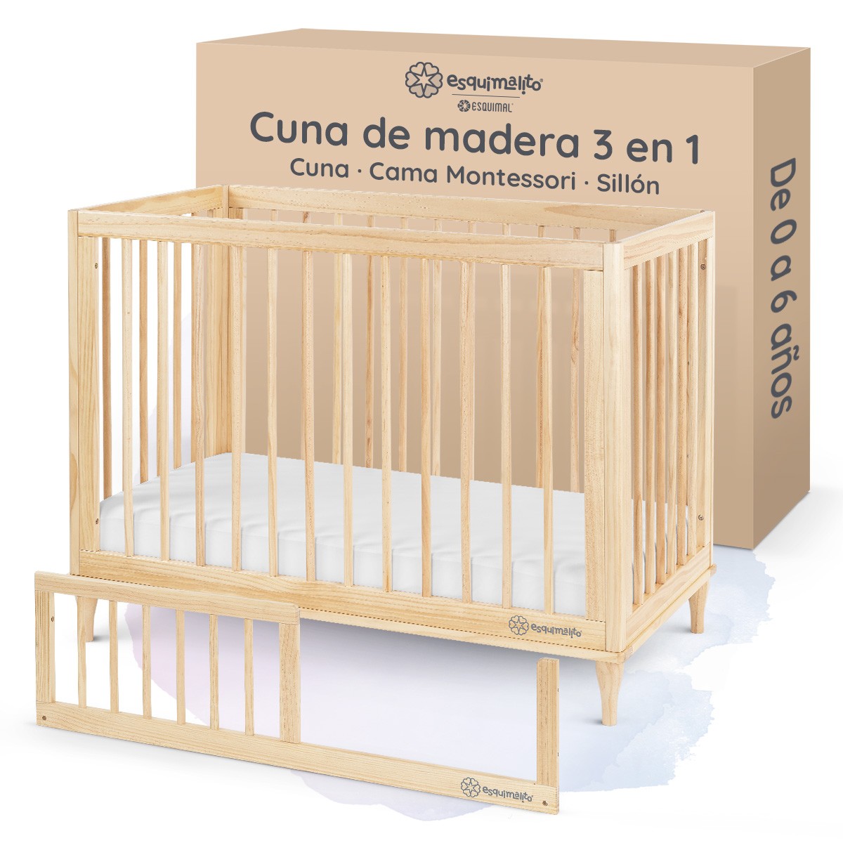 Cuna de Madera Convertible 3 en 1 - Cuna, Cama Montessori y Sill&oacute;n con Altura Ajustable y Barandal (Natural). ESQUIMAL image number null