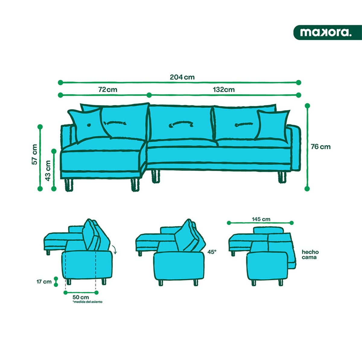 Sala Modular Reversible Makora Brunello con Memory Foam, Color Mostaza Lino, Respaldo Reclinable de 3 Posiciones image number null