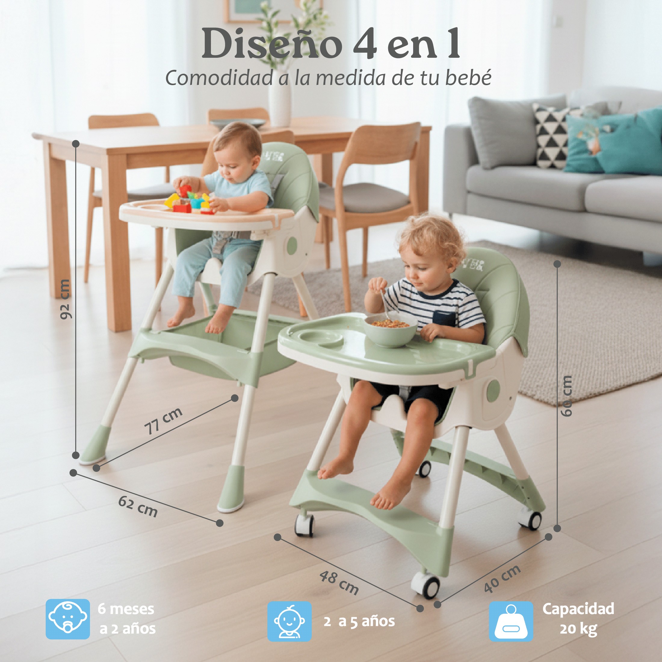 Silla Alta para Beb&eacute; YEI Verde, 6 en 1, Plegable, 2 Alturas, 5 Puntos de Seguridad image number null