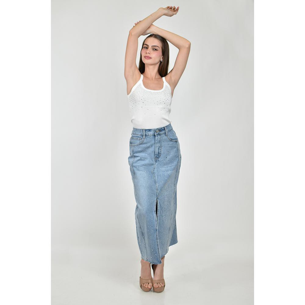 Falda denim midi con brillos /Juvenil, 615 (Azul claro) image number null