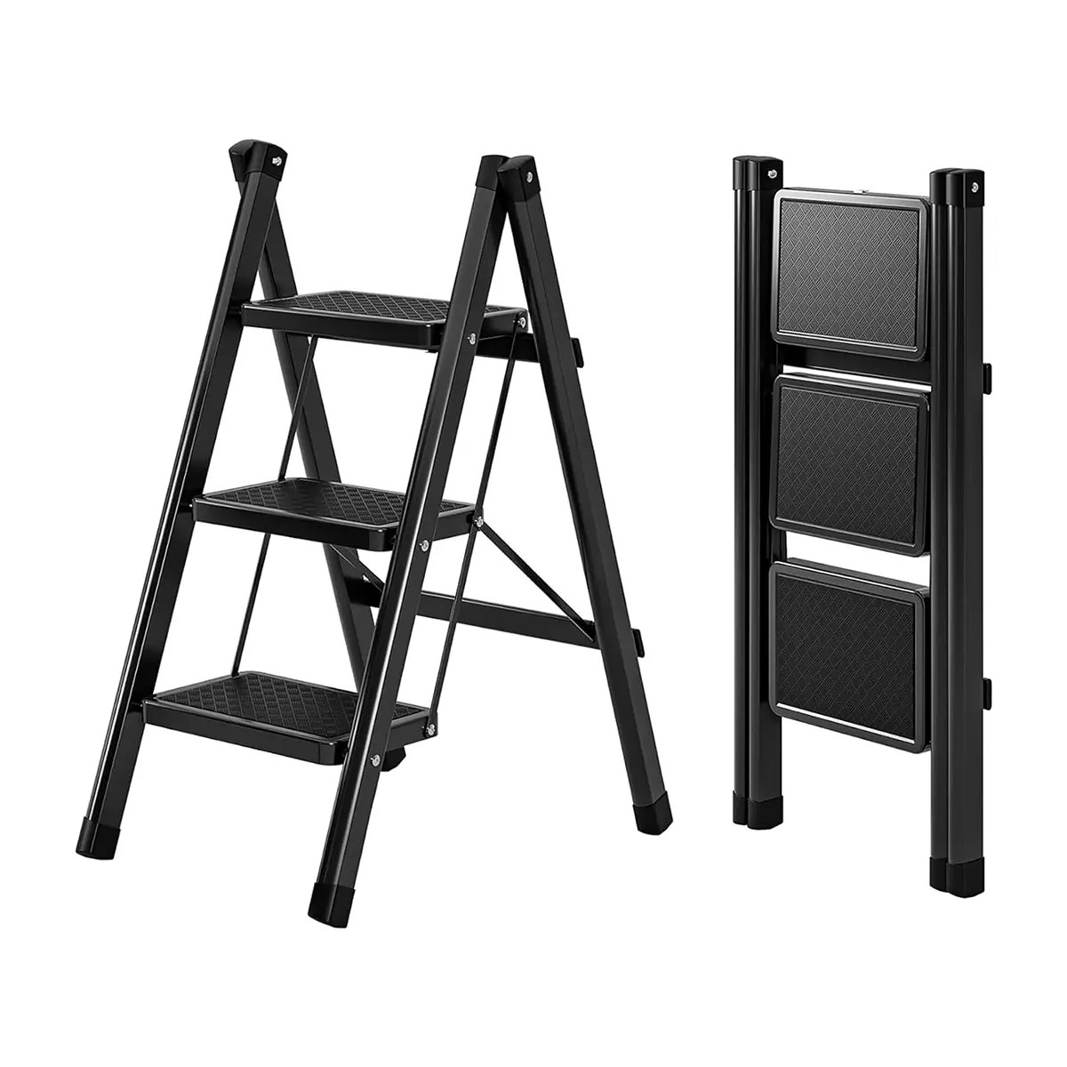 Escalera De Tijera Plegable Multiusos De Acero 3 Pelda&ntilde;os Negro image number null