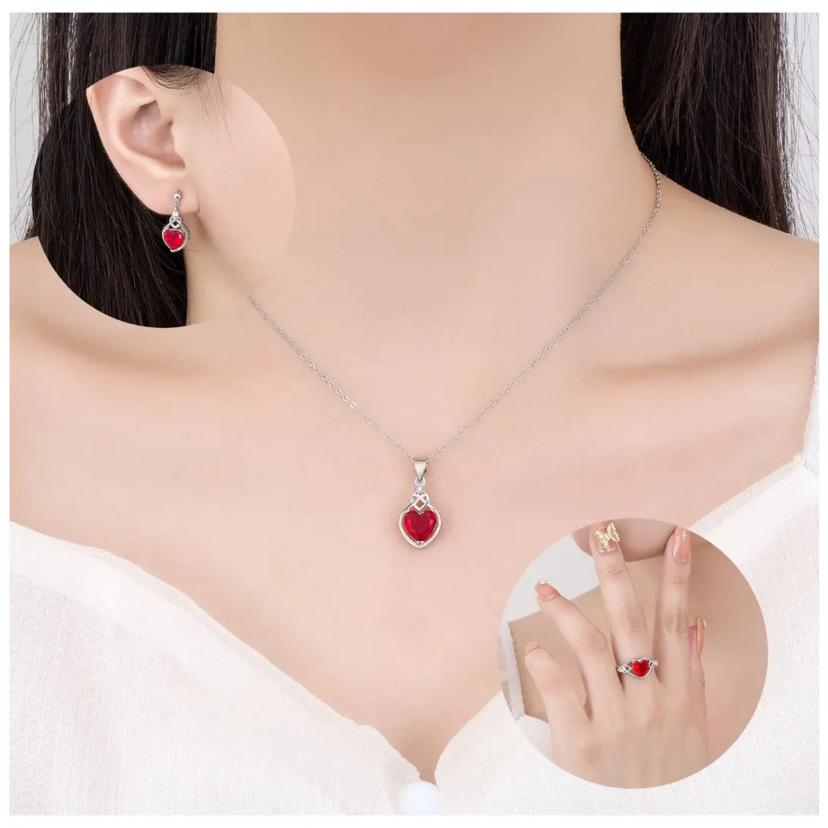 Collar Aretes y Anillo En Estuche Para Mujer Rojo image number null