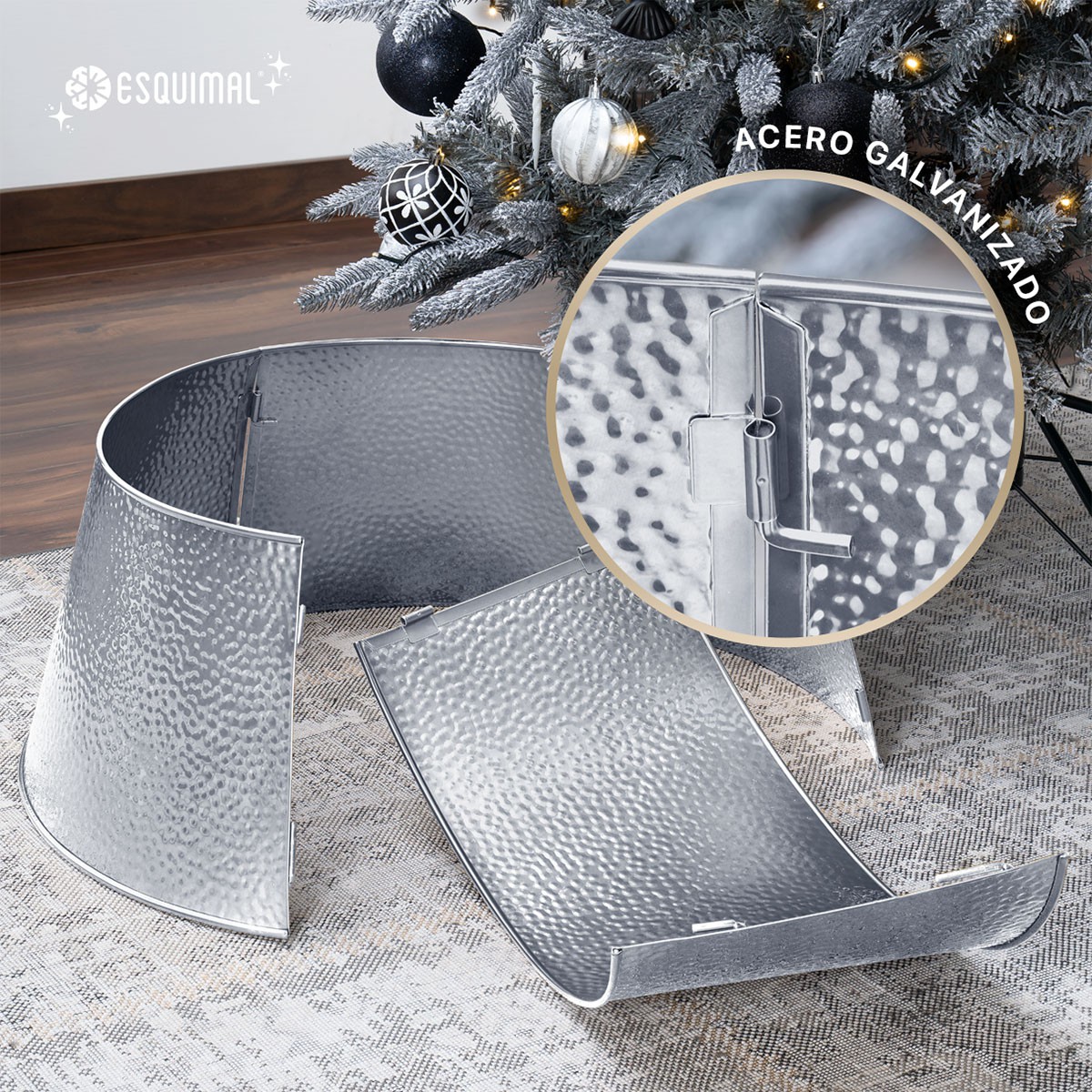 Pie de &Aacute;rbol de Navidad Collar Met&aacute;lico Falda para Pino Navide&ntilde;o Anillo de Acero Decoraci&oacute;n Plateado ESQUIMAL image number null