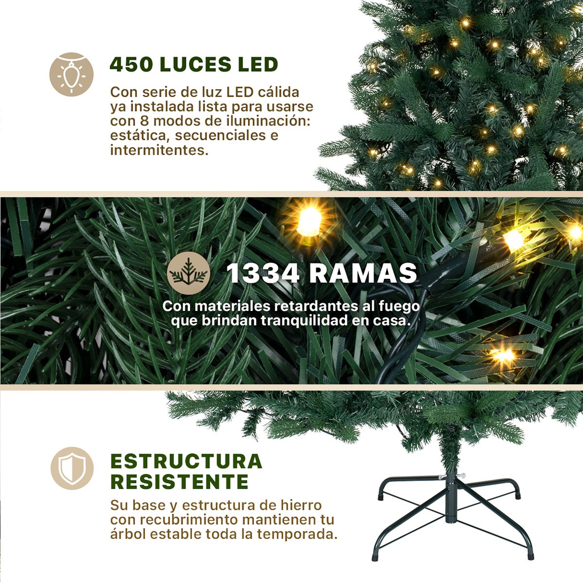 &Aacute;rbol de Navidad con Luz Led Pino Navide&ntilde;o 2.2m 1334 Ramas Preiluminado - Verde Oscuro para ESQUIMAL image number null
