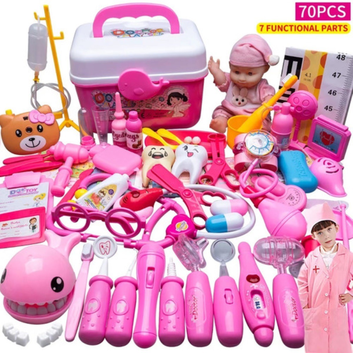 Set 70 Juguetes De Doctor Medicina Ambulancia Rol Para Ni&ntilde;os Rosa image number null