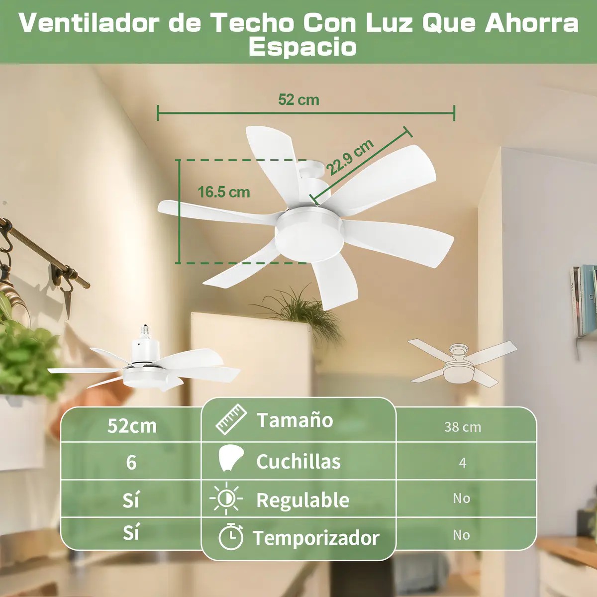 Ventilador De Techo Led E27 52cm Con Control Y Luz 40w blanco image number null