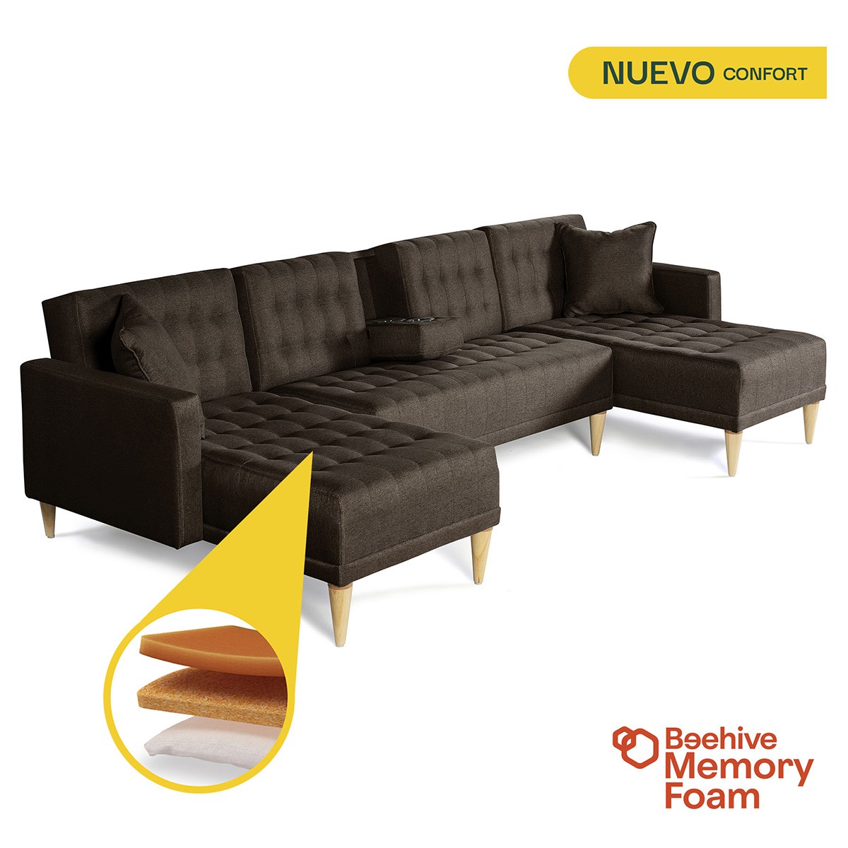 Sala Modular Doble Chaise Makora Travis con Memory Foam, Color Chocolate Lino, Respaldo Reclinable de 3 Posiciones image number null