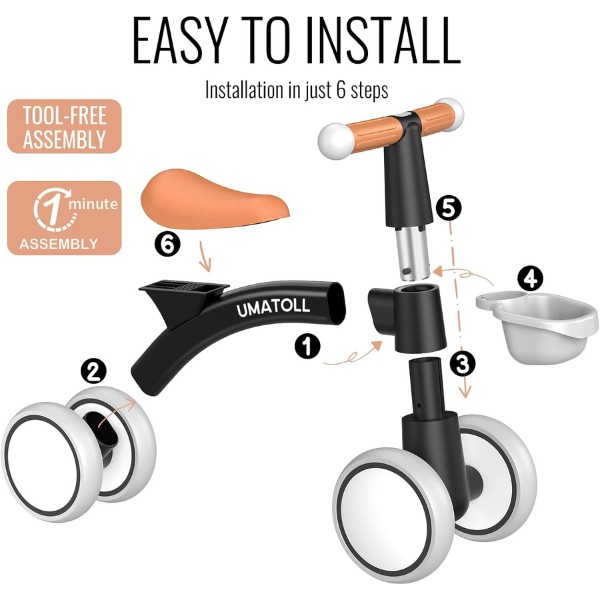 Bicicleta de Equilibrio Umatoll Negra para Beb&eacute;s 12-24 Meses Sin Pedales con Asiento Ajustable y Cesta Extra&iacute;ble image number null