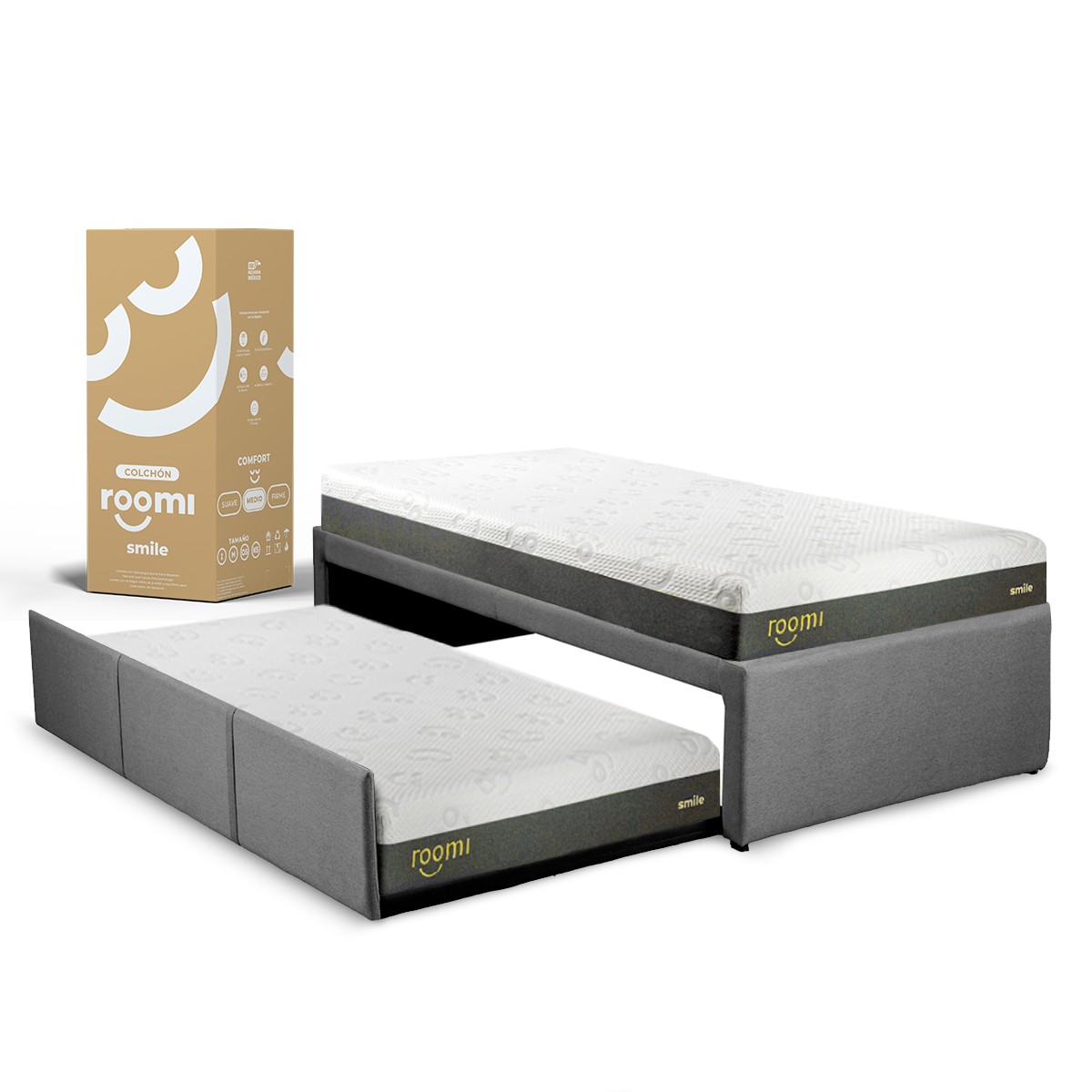 Cama Doble Roomi Matrimonial - Matrimonial + 2 Colchones Smile, Color Gris image number null