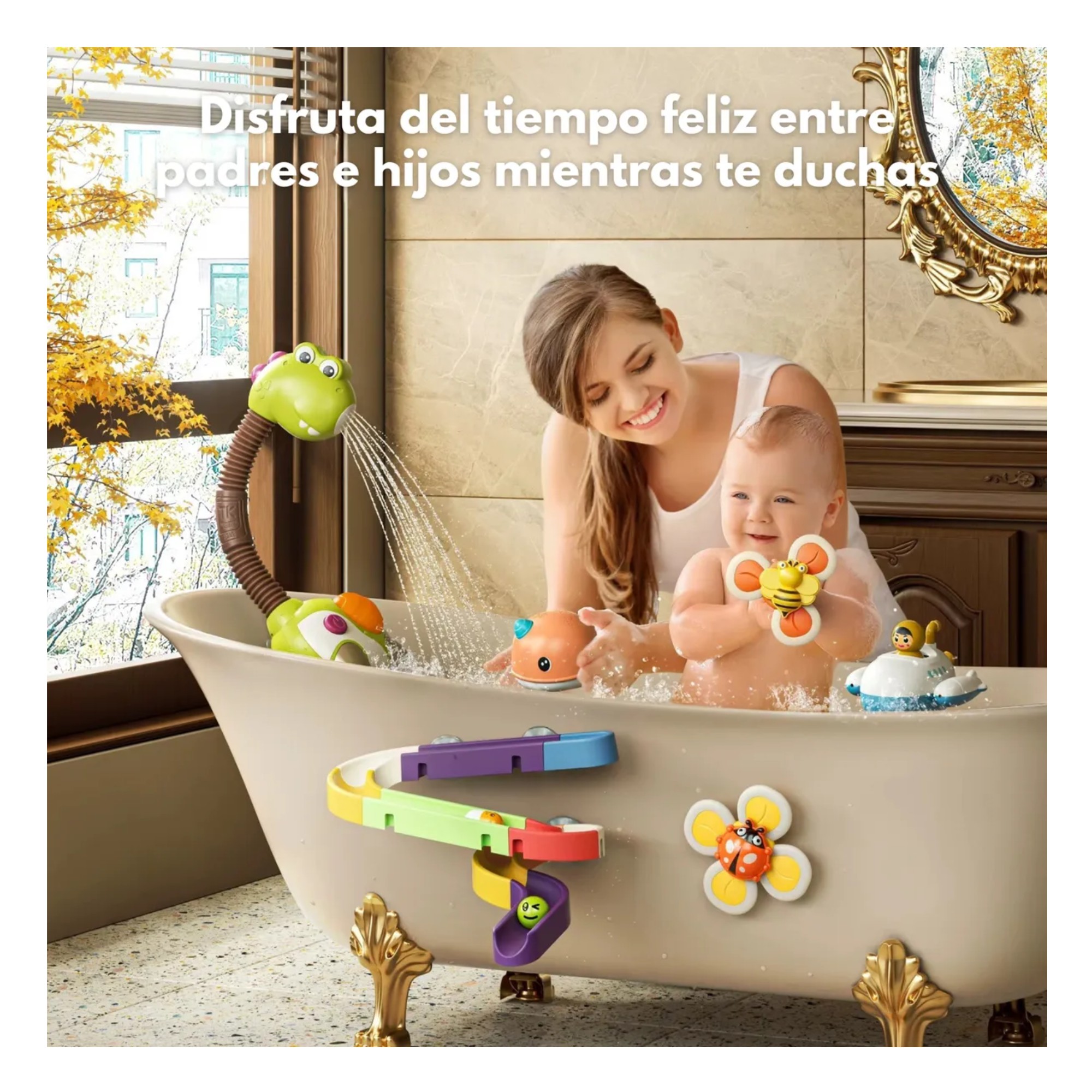 "Dino Splash Divertido Juguete Ba&ntilde;o Beb&eacute; Ducha Regadera Tobog&aacute;n Flotadores Verde de Buena calidad Excelente Accesorio image number null