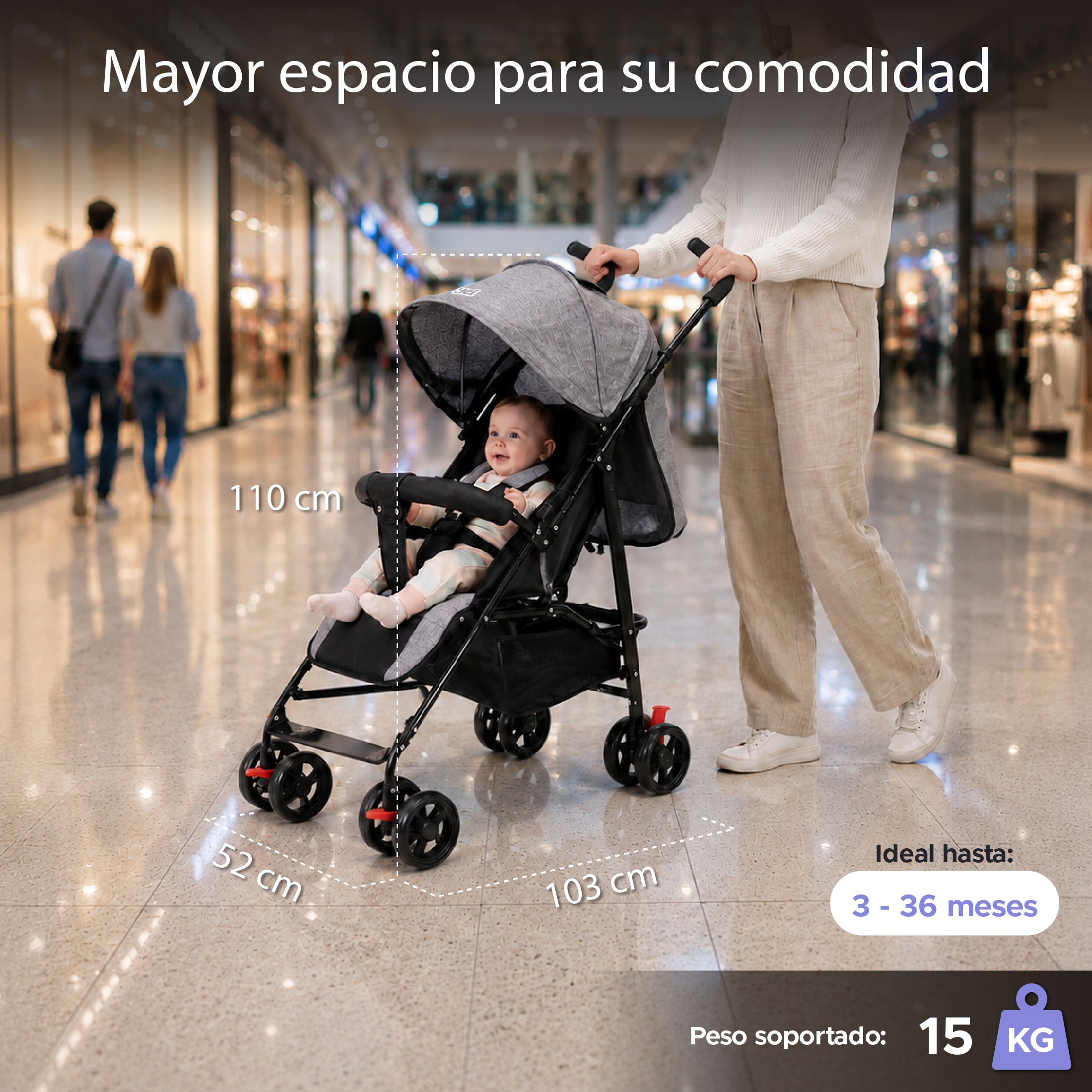 Carriola YEI Gris Bast&oacute;n con Asiento Reclinable Reposapi&eacute;s Ajustable y Dise&ntilde;o Plegable image number null