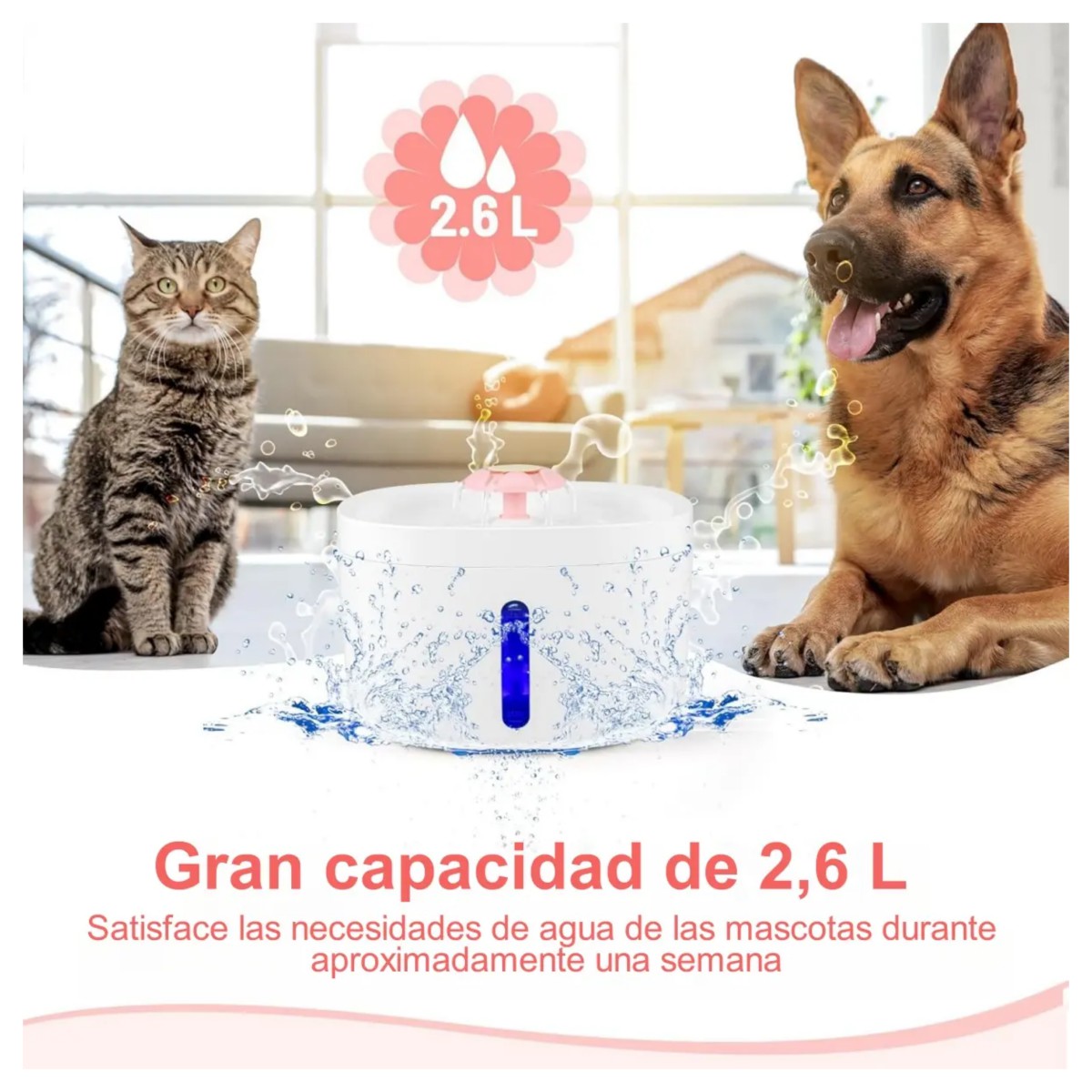 Bebedero Autom&aacute;tico Para Perros y Gatos 2.6L con UV Antisalpicaduras Color Rosa image number null