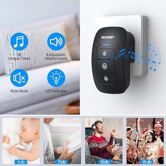 TECKNET Timbre inal&aacute;mbrico, timbres de aula, f&aacute;cil instalaci&oacute;n, volumen ajustable, rango de 1300 pies con 38 campanas image number null