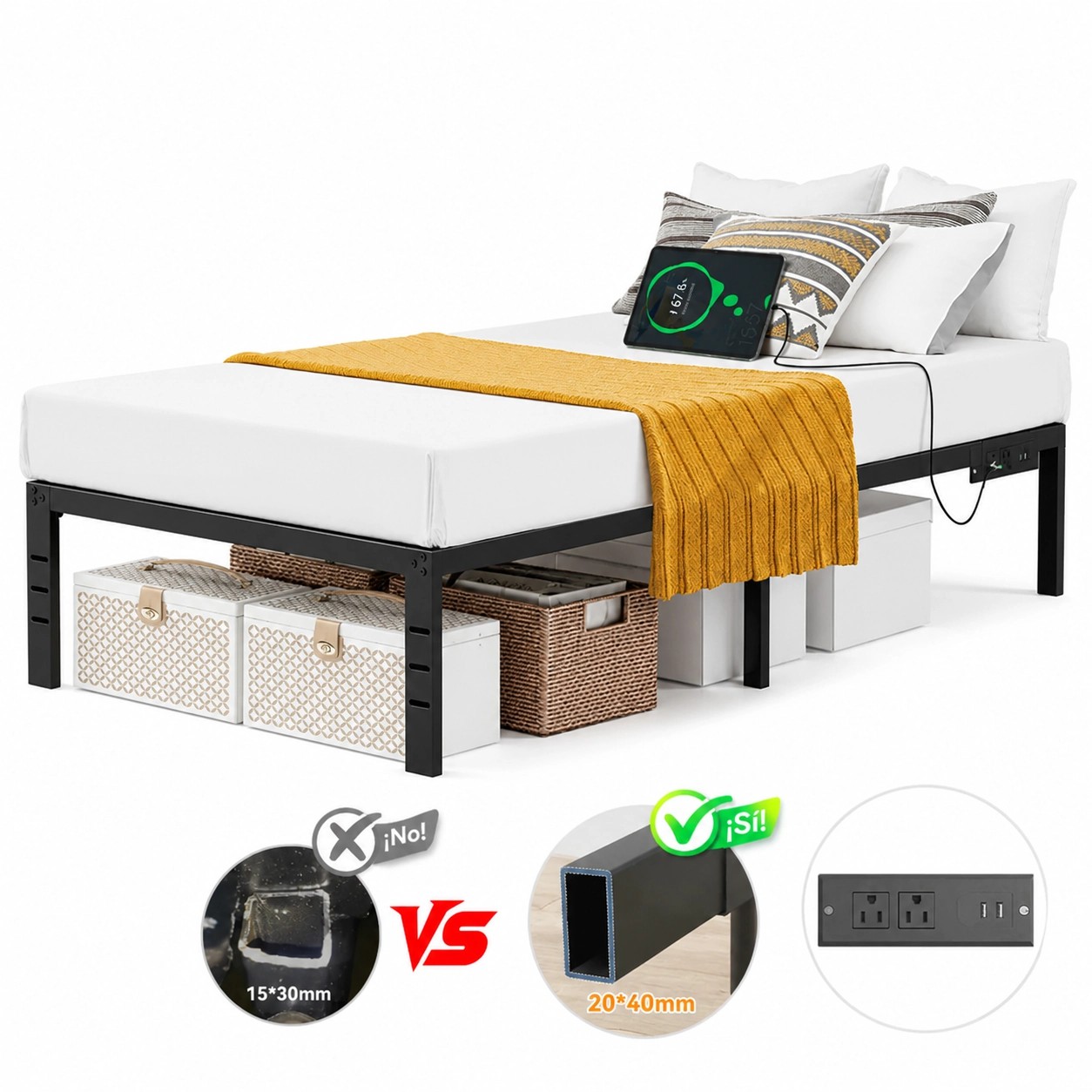 Base de Cama Individual con Enchufe, 95,5 cm X 189,5 cm X 35 cm, con Estaci&oacute;n de Carga 1.5m Usb , image number null