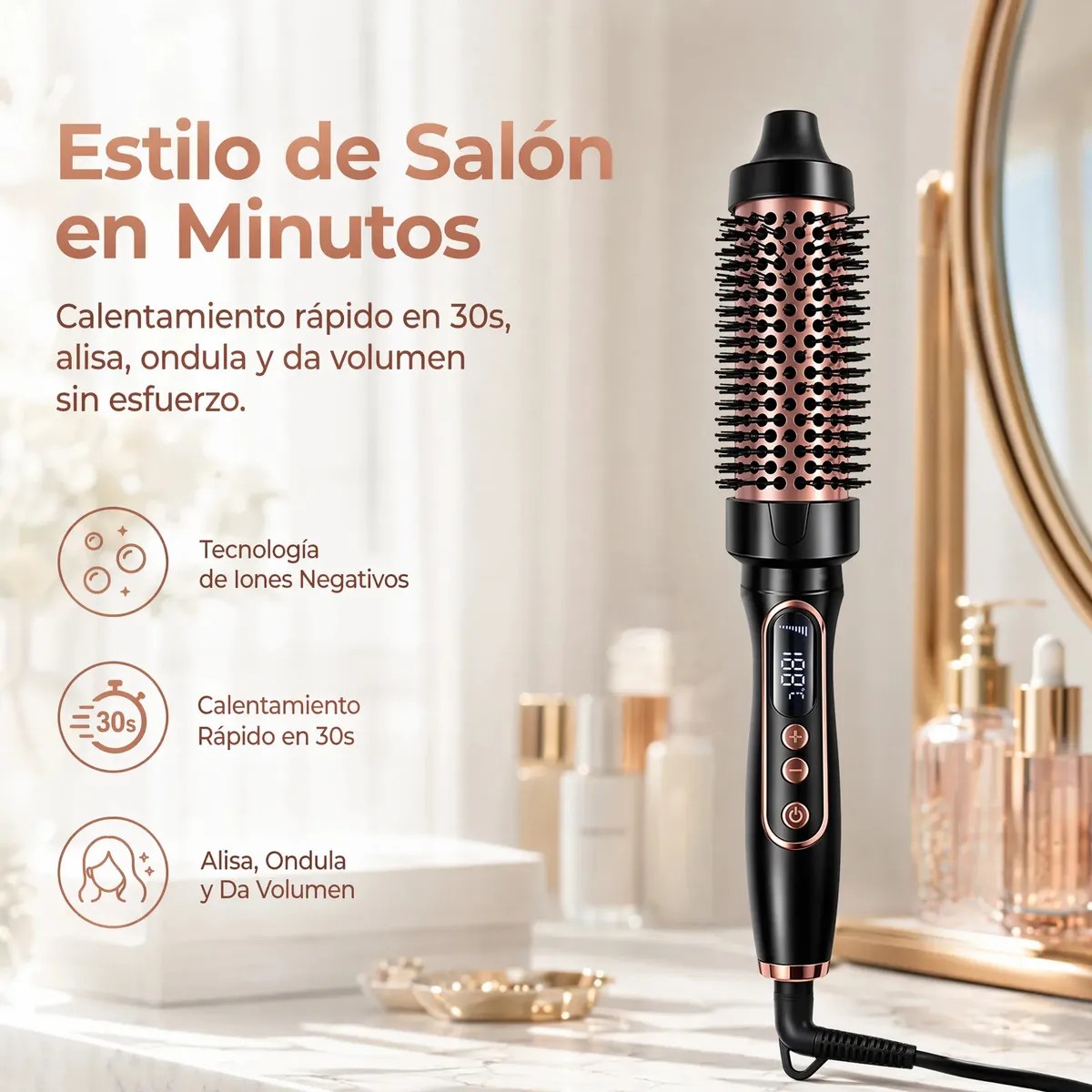 Cepillo T&eacute;rmico El&eacute;ctrico para Cabello, Rizador de Ondas y Volumen Negro image number null
