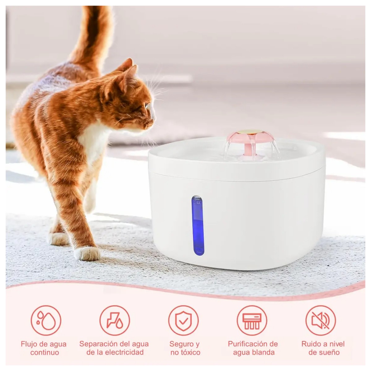 Bebedero Autom&aacute;tico Para Perros y Gatos 2.6L con UV Antisalpicaduras Color Rosa image number null