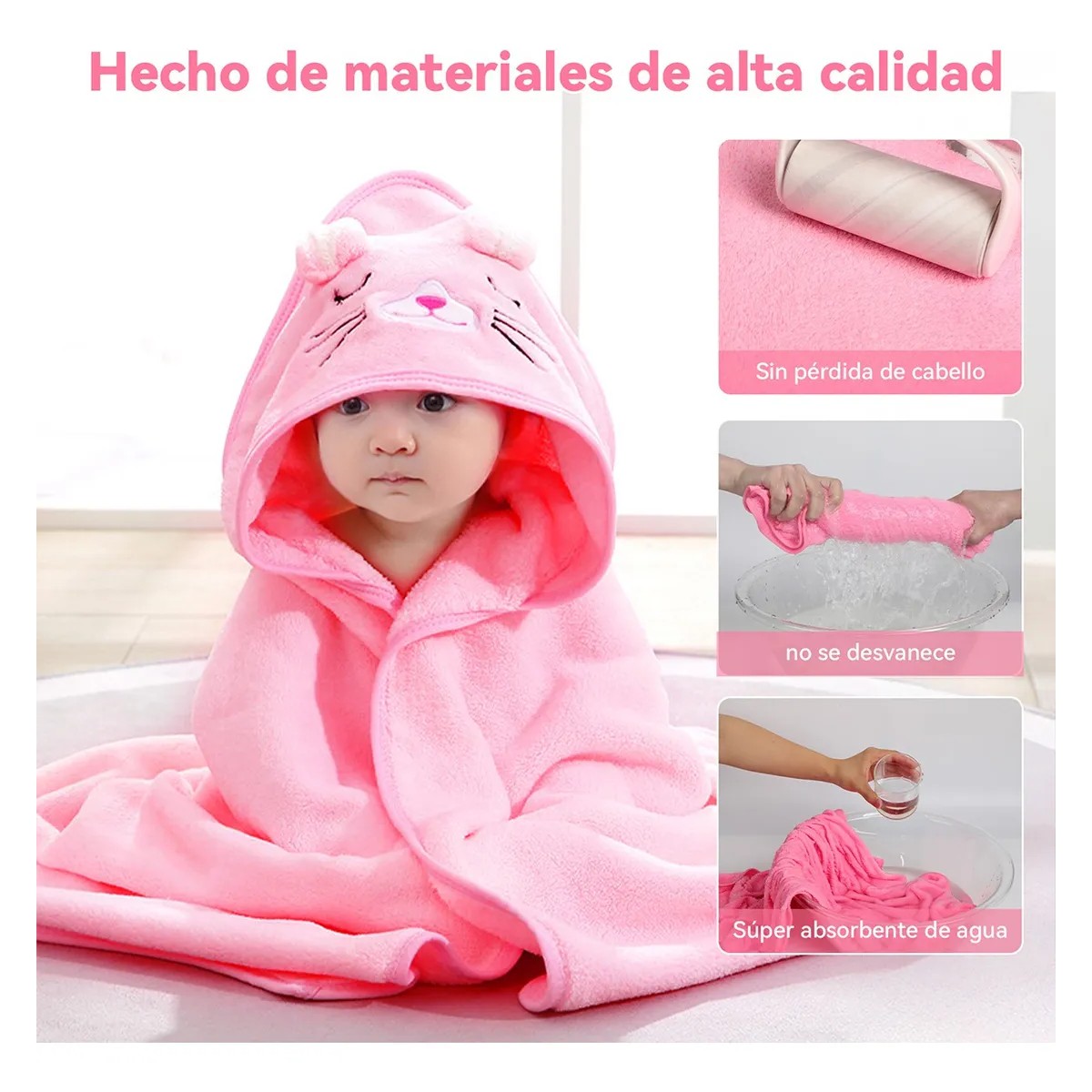 2pcs Toalla De Ba&ntilde;o Beb&eacute; Con Capucha Manta Suave(0-3a) Rosa/Blanco image number null