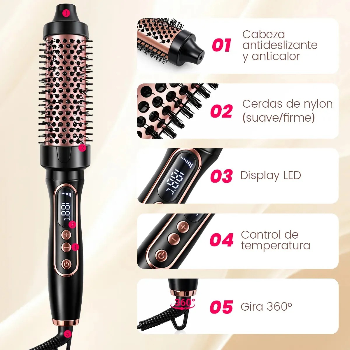 Cepillo T&eacute;rmico El&eacute;ctrico para Cabello, Rizador de Ondas y Volumen Negro image number null