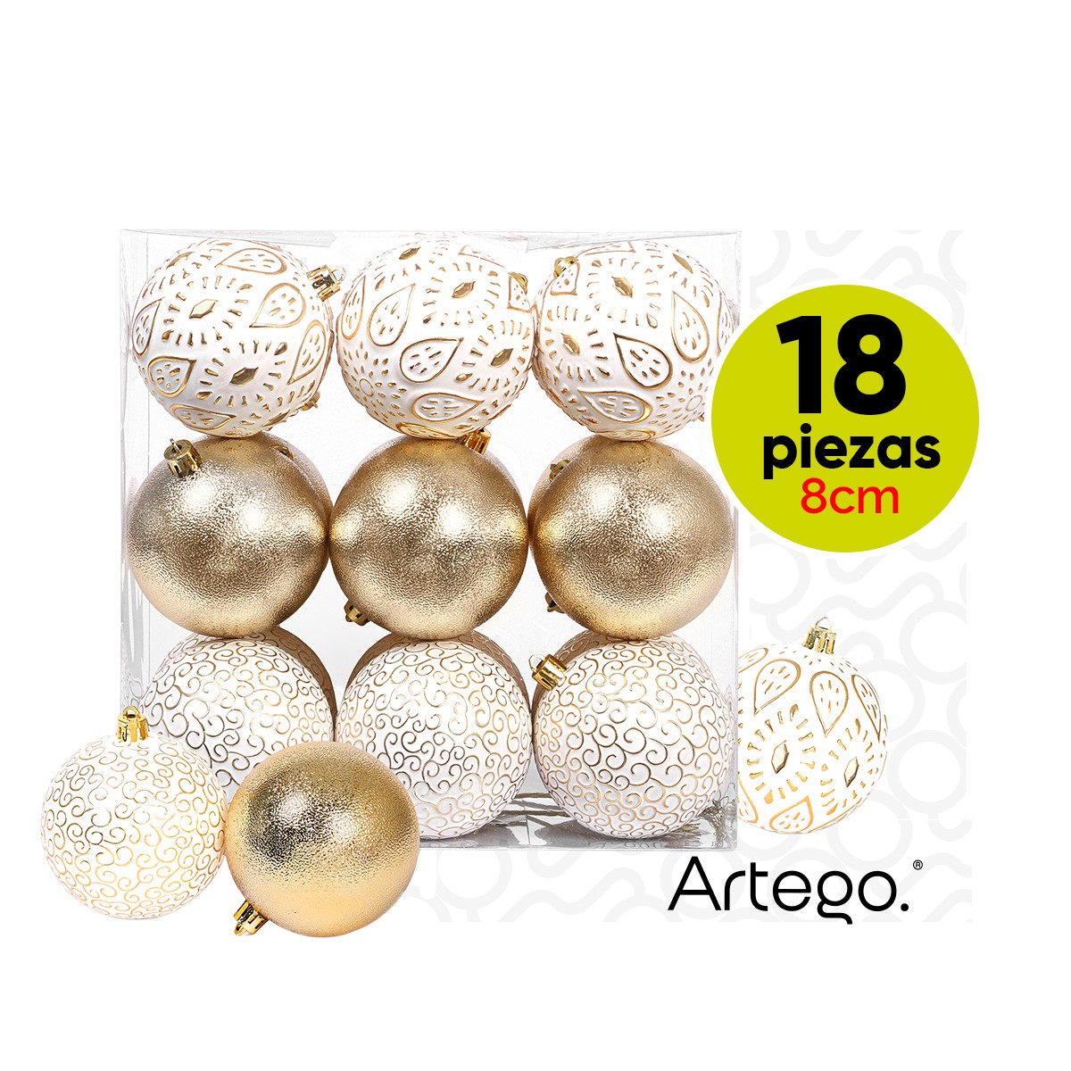 Esferas para &aacute;rbol de navidad Artego de 8 cm de di&aacute;metro paq 18 esferas Dorado *L&iacute;nea Detail estilos emboss y un cromado image number null
