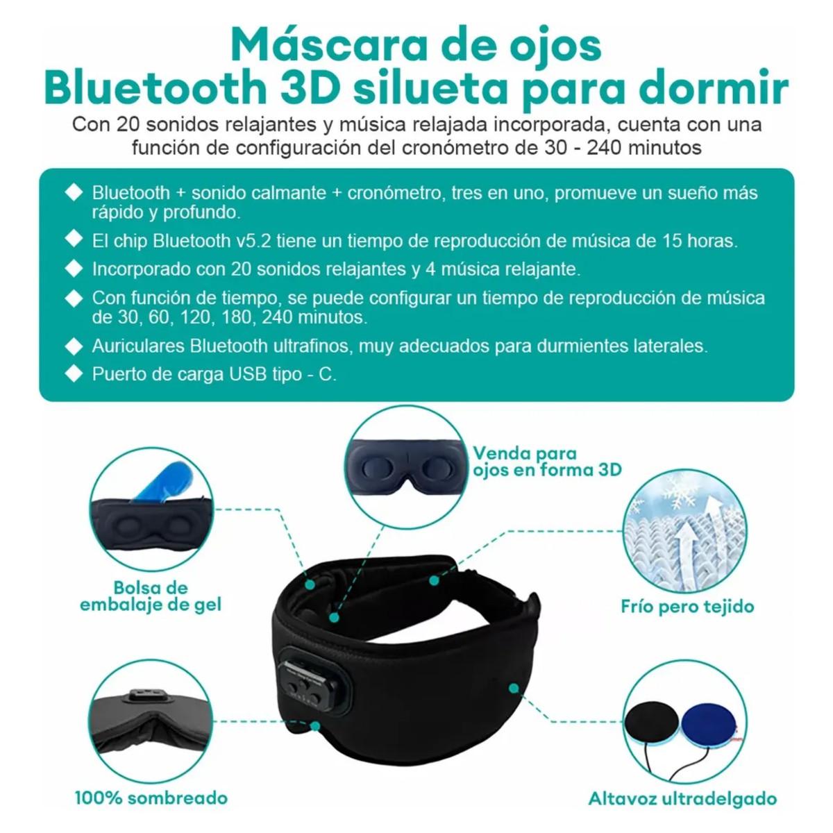 Super Suave Gafas Para Dormir Bluetooth Con Auriculares Negro image number null