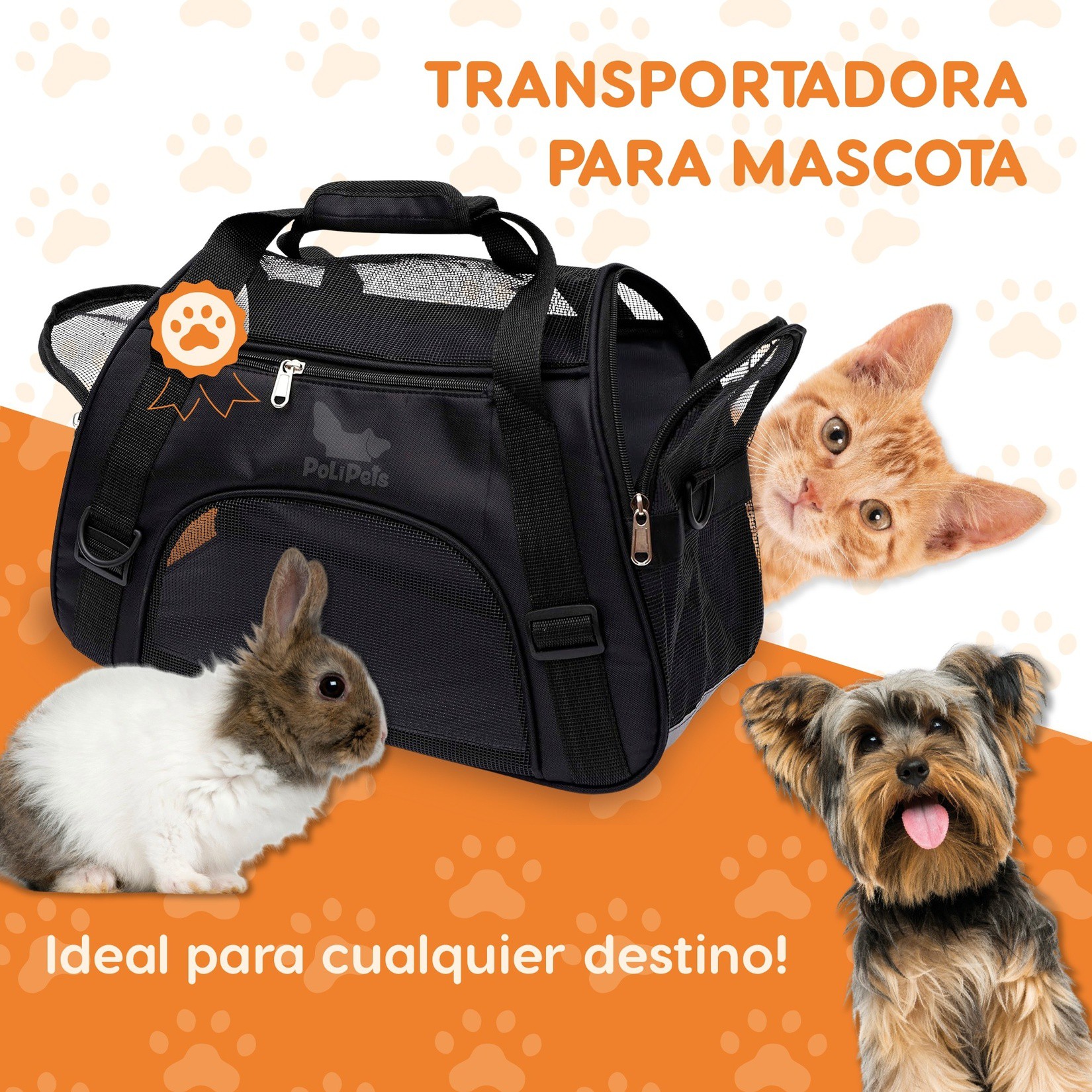 Transportadora para Mascotas Poli Pets Negra Mediana, Soporta 7 kg, con Ventanas de Malla, Correa Ajustable y Almohadill image number null