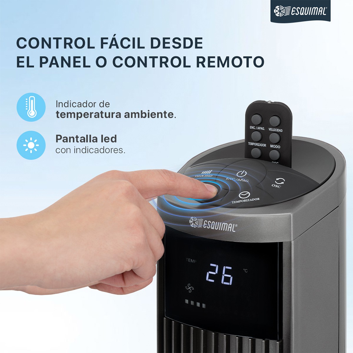 Ventilador de Torre 95 cm Silencioso Abanico Port&aacute;til Giratorio para Piso con Temporizador y Control Titanio ESQUIMAL image number null