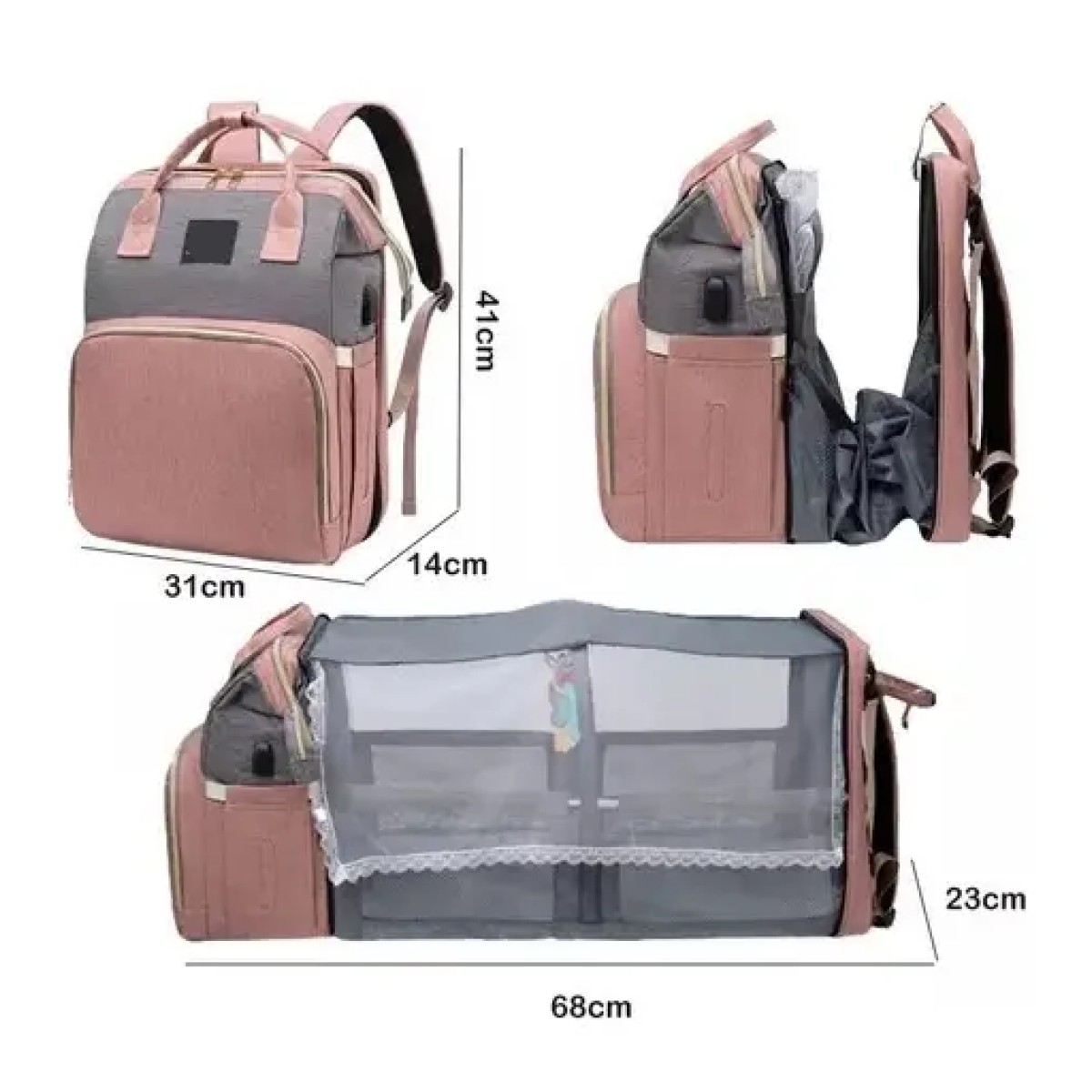 Mochila Pa&ntilde;alera Multifuncional Con Mosquitero Y Colchon Rosa image number null