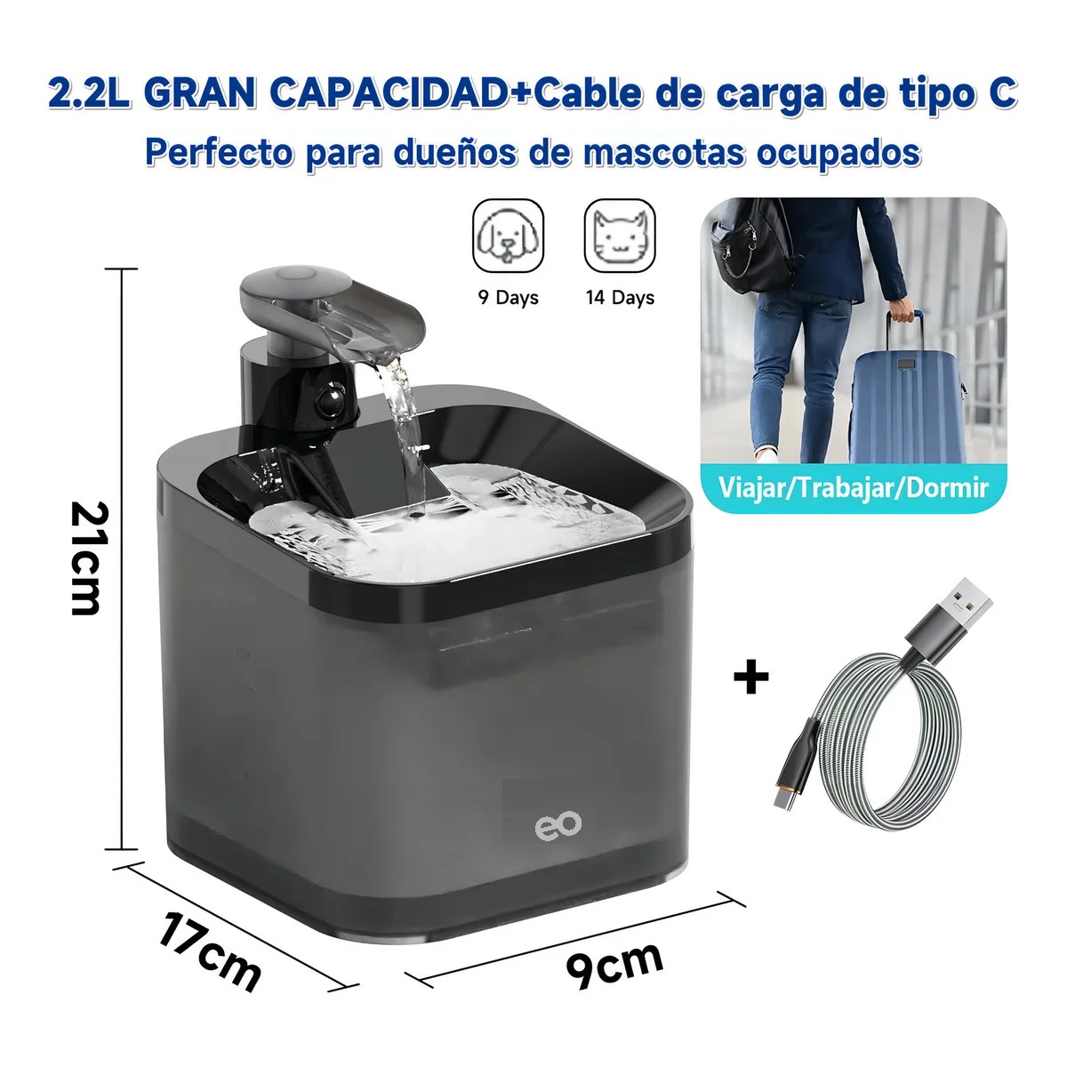 Bebedero Para Gatos 2.2L Inal&aacute;mbrico Inteligente Con 1 Filtro De Carb&oacute;n Activado image number null
