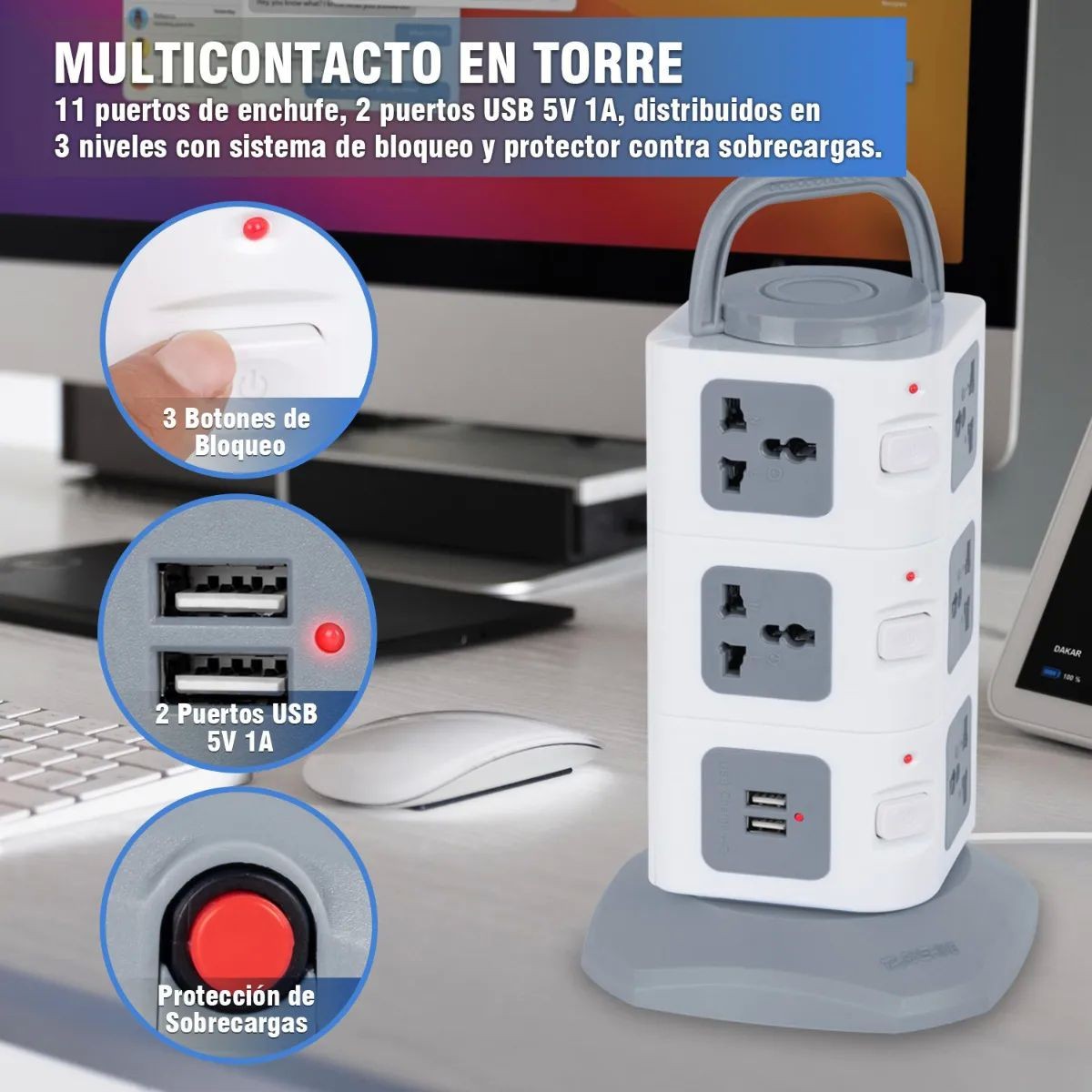 Multicontacto En Torre Regleta 11 Puertos Universal Y 2 Usb image number null