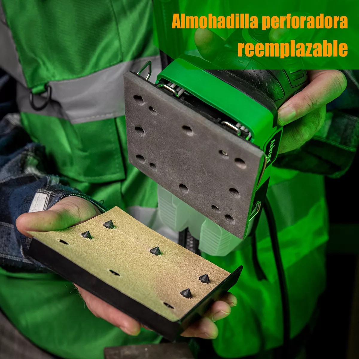 Lijadora profesional orbital negro y verde 300W 127V. image number null
