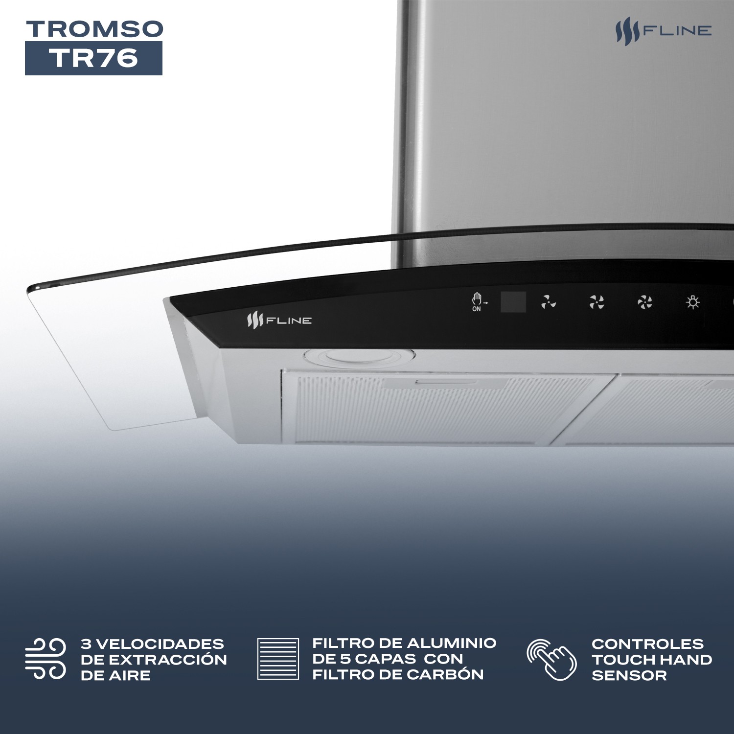 FLINE | Campana de cocina 76 cm | DE PARED | Controls Touch | extractora | cristal curvo y acero Inoxidable | 3 velocidades | Tromso 76 image number null