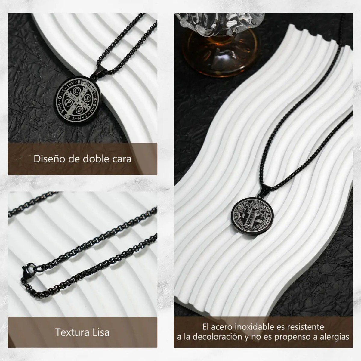 Collar Medalla San Benito Dije Cadena Acero Inoxidable Negro image number null