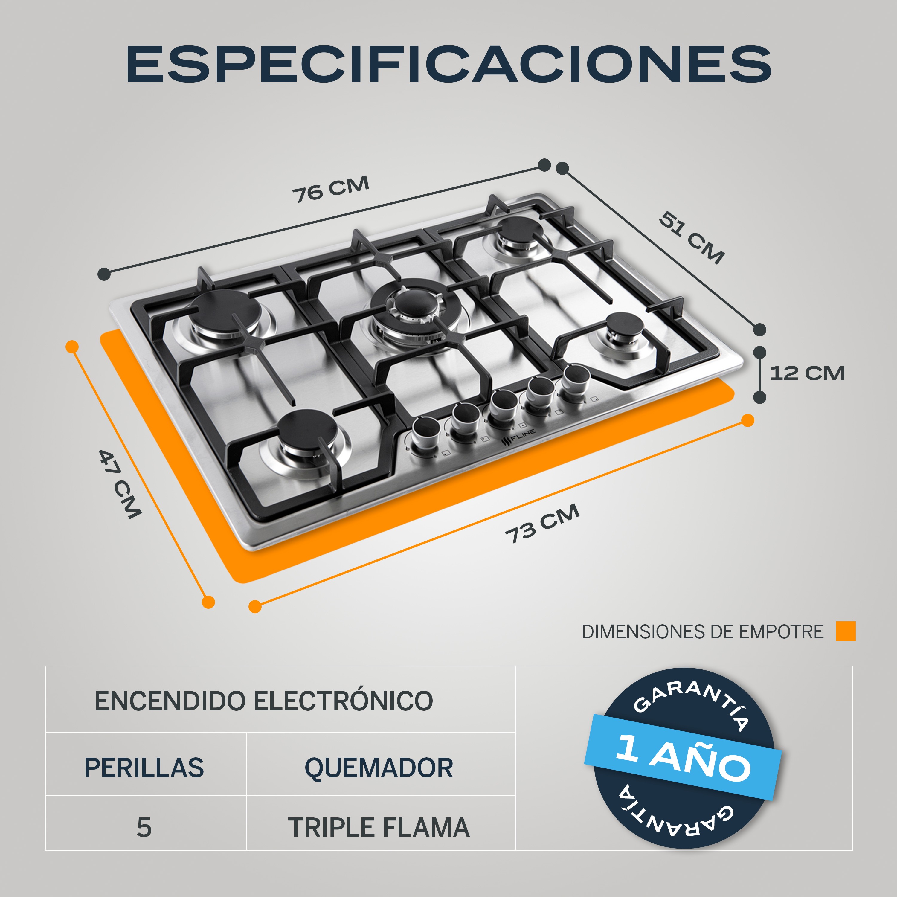 FLINE Combo parrilla de gas y campana extractora 76 cm Pared Botones gris LU5BE76 image number null