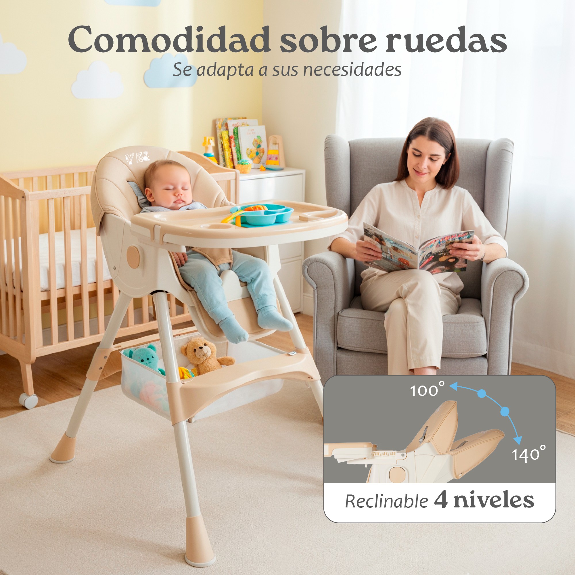 Silla Alta para Beb&eacute; YEI Caqui, 6 en 1, Plegable, 2 Alturas, 5 Puntos de Seguridad image number null