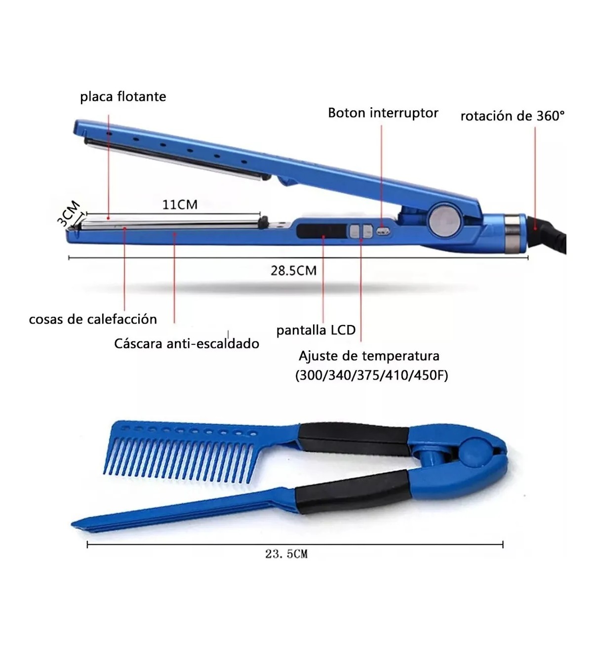 Kit De Plancha Alaciadora 450&deg; +tenaza Rizadora Cabello Pelo Azul Malubero image number null