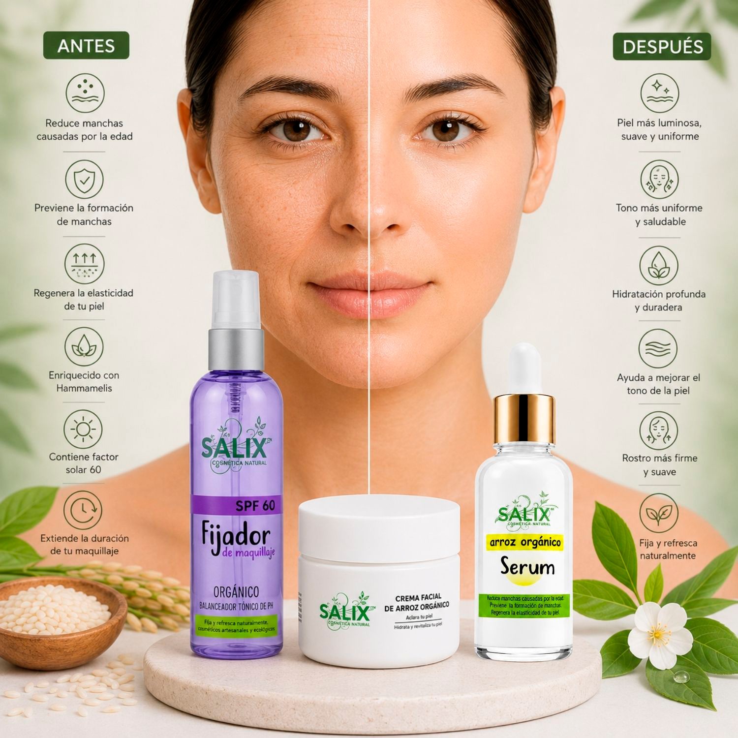 Salix Kit Arroz Facial Skincare Aclarante con Crema Serum y Fijador image number null