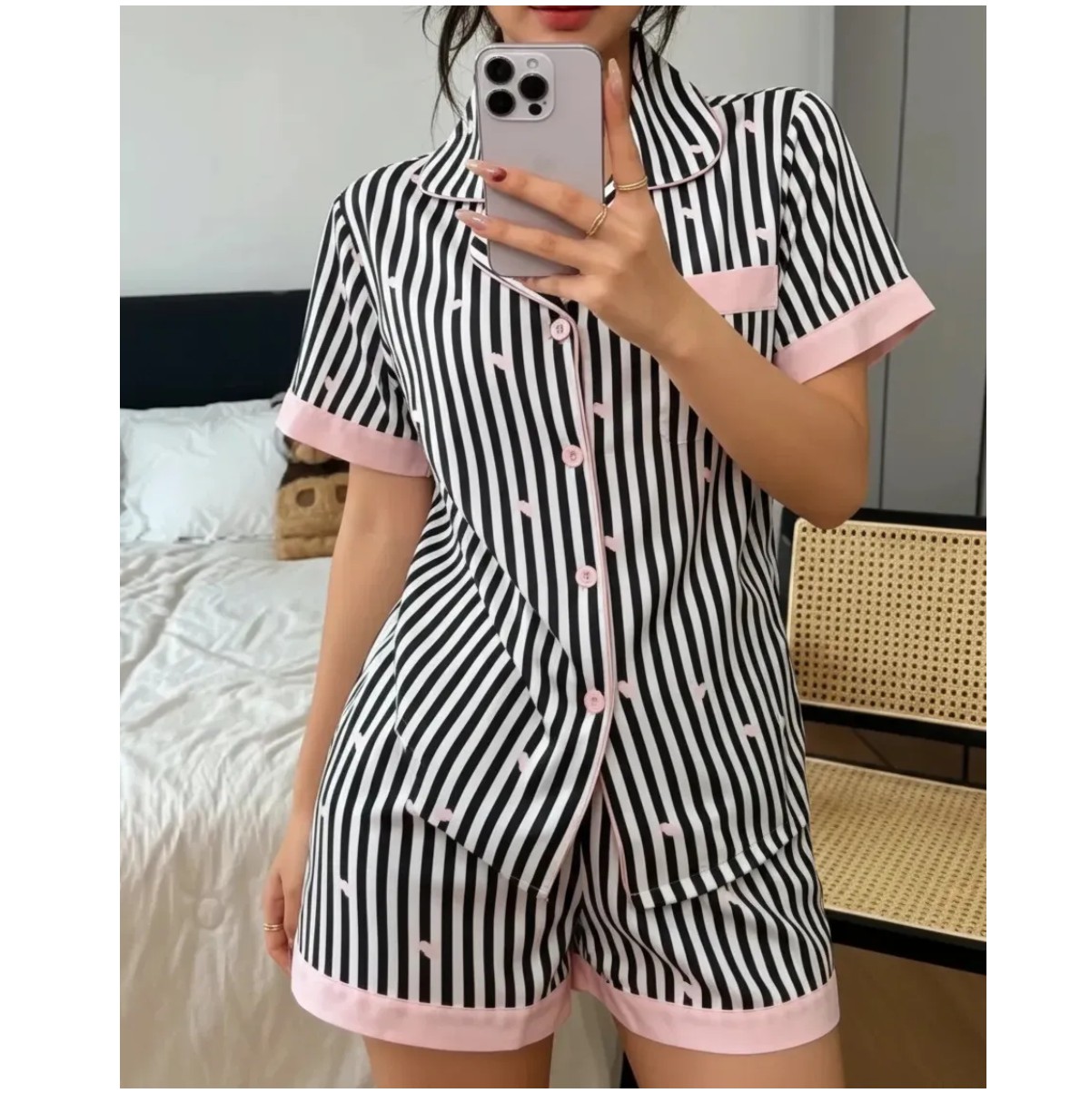 Pijamas Satin Mujer Manga Corta Talla L Negro image number null