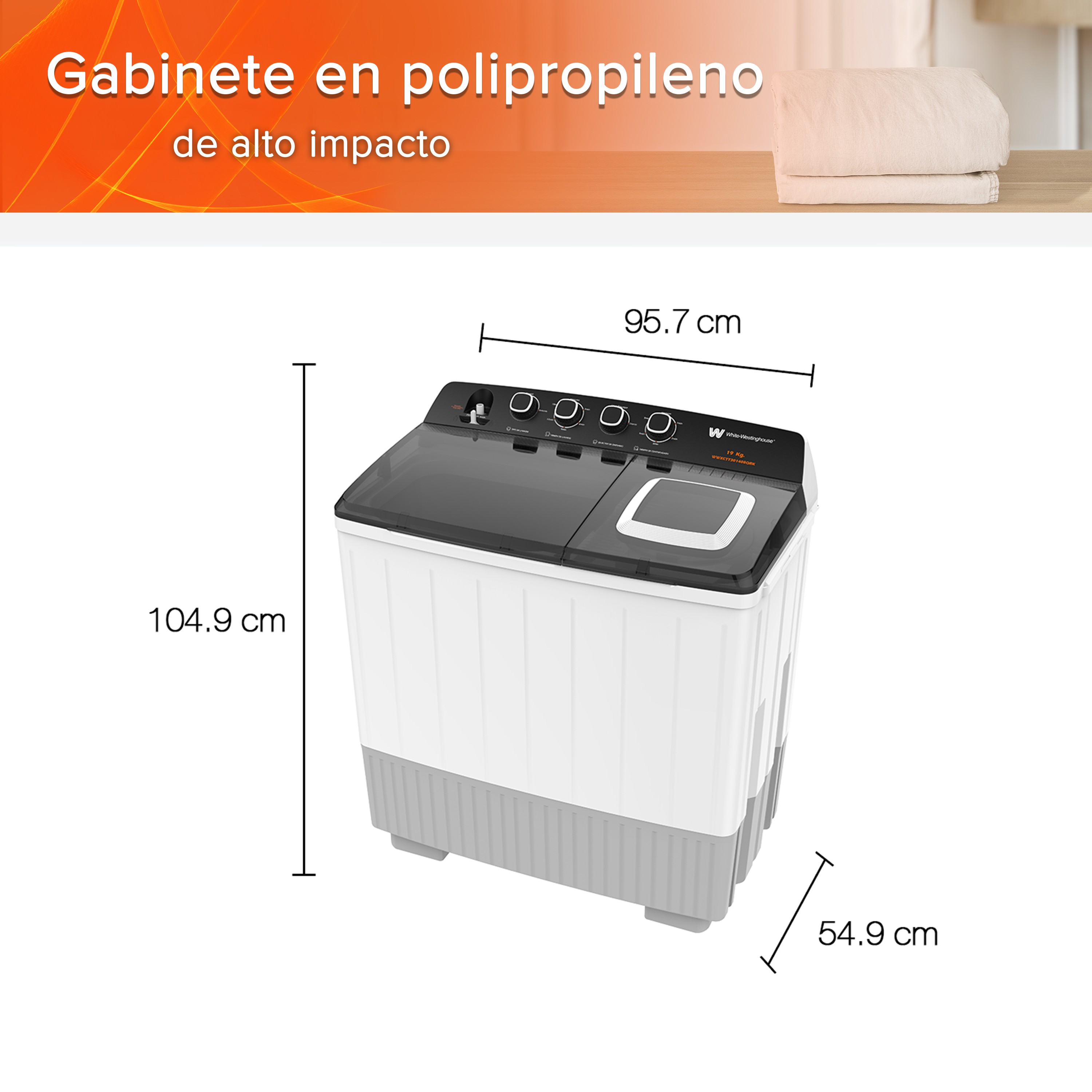 Lavadora doble tina | 19 kg White Westinghouse 4 niveles de agua 4 perillas de control Bajo consumo de energ&iacute;a image number null