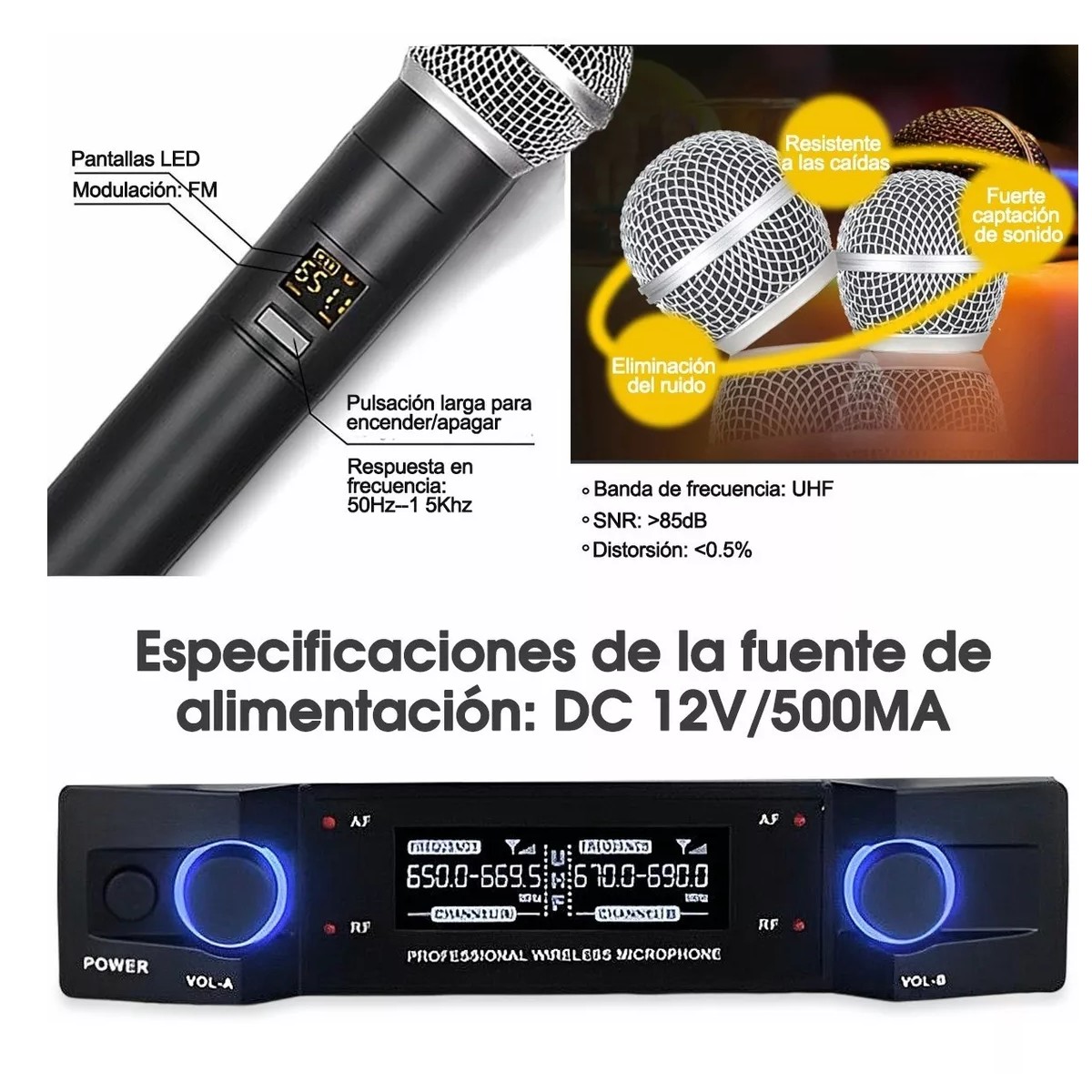 Profesional Micr&oacute;fonos 2 Handheld Uhf Microfonos Inal&aacute;mbrico image number null