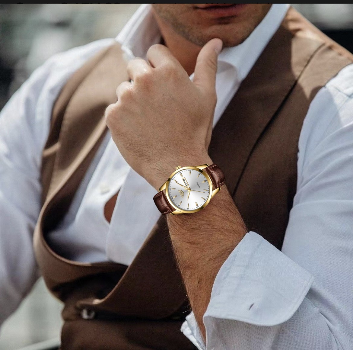 Reloj De Cuarzo Hombre Lige LG8970 Pulsera De Cuero Correa Marr&oacute;n Bisel Dorado Fondo Blanco Quartz 3 ATM 22mm Anchura Wristwatch image number null