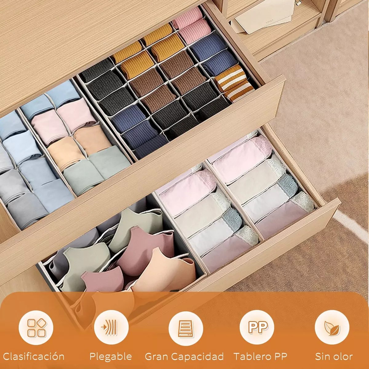 8 Organizador De Ropa Interior Plegable Para Cajones Cajas Gris image number null