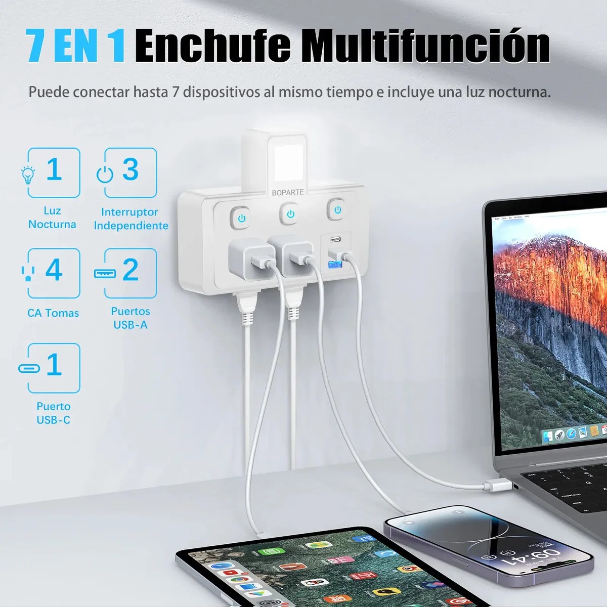 Multicontacto Interruptor Independiente Y Luz Nocturna Blanco Mate image number null