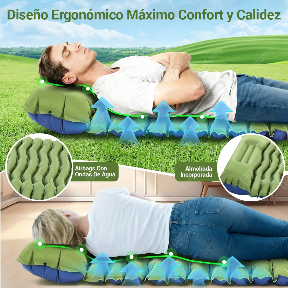 Colch&oacute;n Inflable Individual con Bomba de Pie para Camping Verde lima image number null